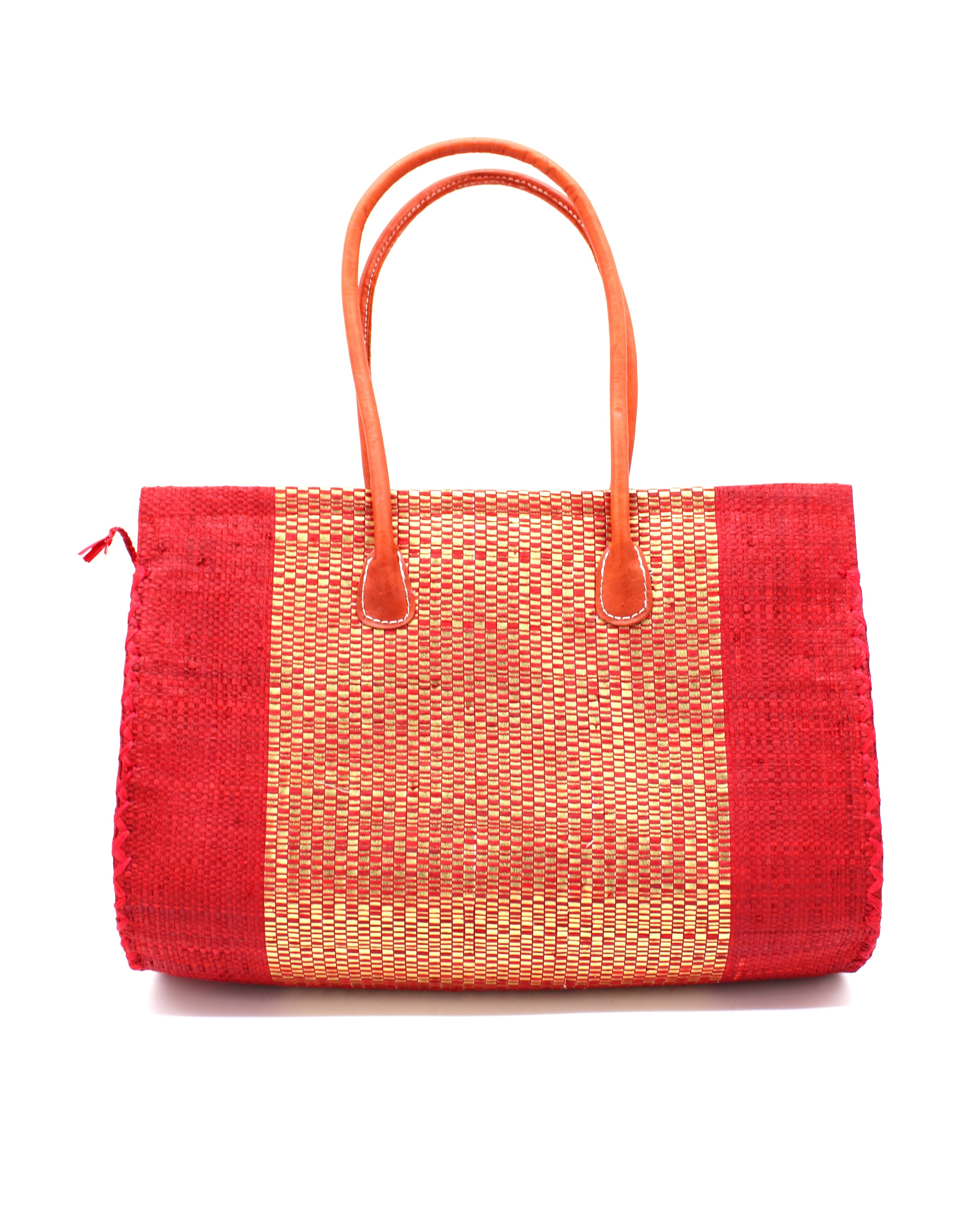 Monte Carlo Wynwood Big Straw Beach Bag with Metallic Detailing Red Shoulder Bag handmade loomed raffia palm fiber in a solid hue of Red with incorporated woven in vegan leather gold metallic strands and leather handles purse - Shebobo