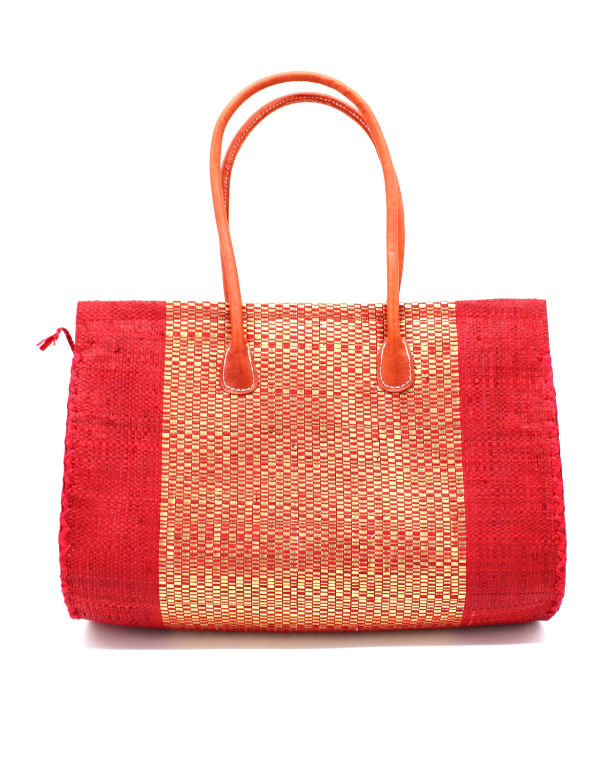 Monte Carlo Wynwood Big Straw Beach Bag with Metallic Detailing Red Shoulder Bag handmade loomed raffia palm fiber in a solid hue of Red with incorporated woven in vegan leather gold metallic strands and leather handles purse - Shebobo