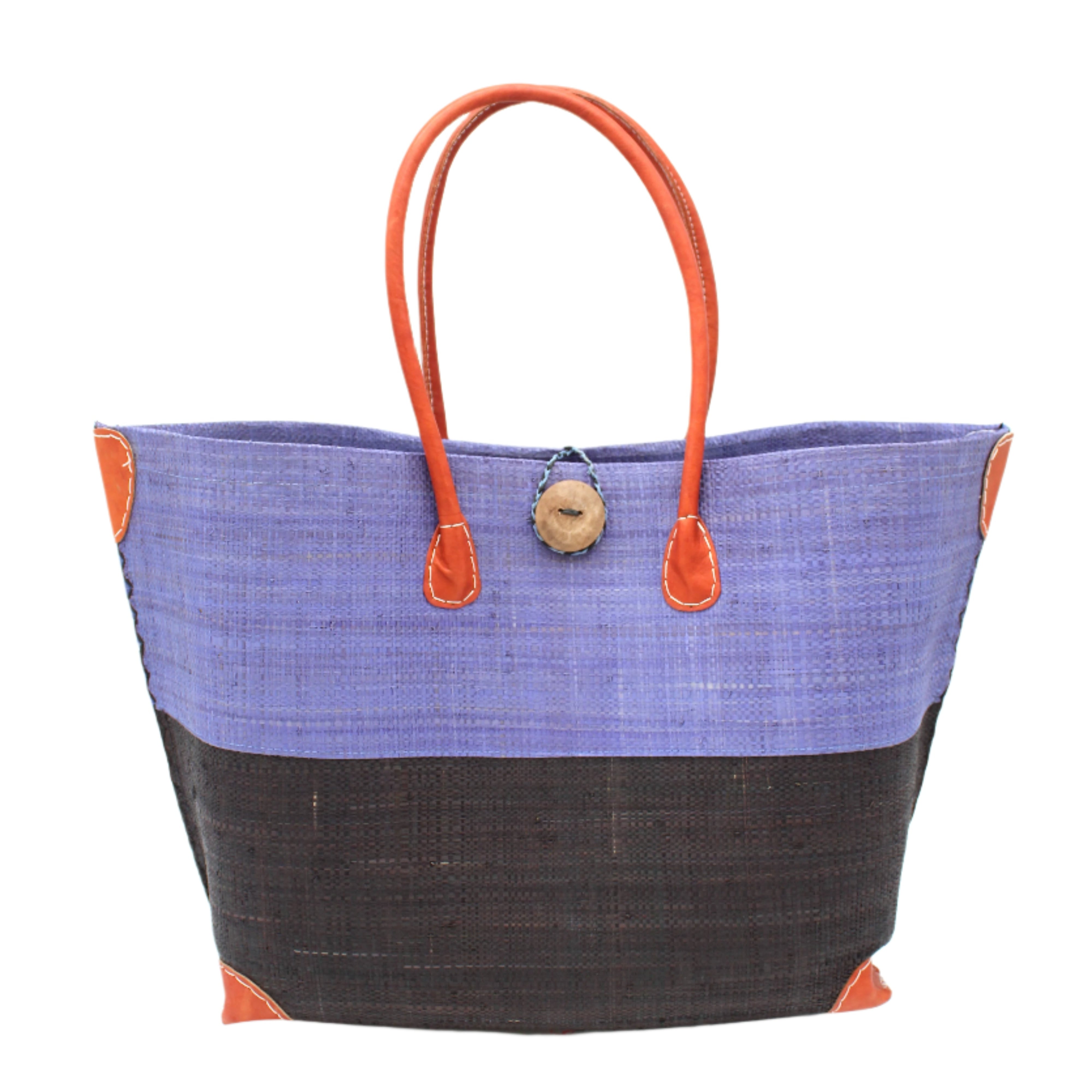 Monterey Two Tone Denim and Black Straw Tote Bag handmade loomed raffia fibers in a color block pattern of denim retro/light/blue colored upper half, and black lower half - Shebobo