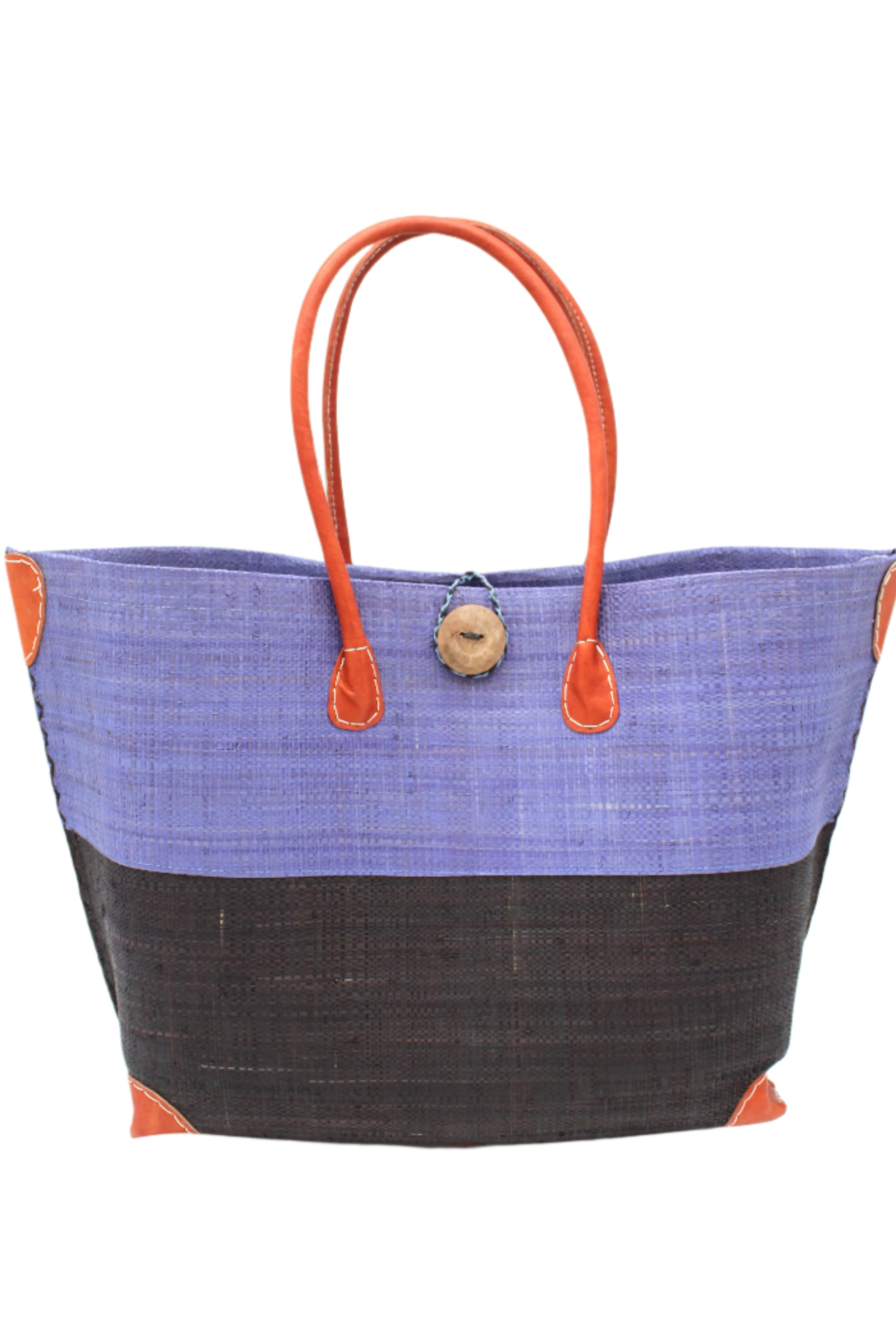 Monterey Two Tone Denim and Black Straw Tote Bag handmade loomed raffia fibers in a color block pattern of denim retro/light/blue colored upper half, and black lower half - Shebobo