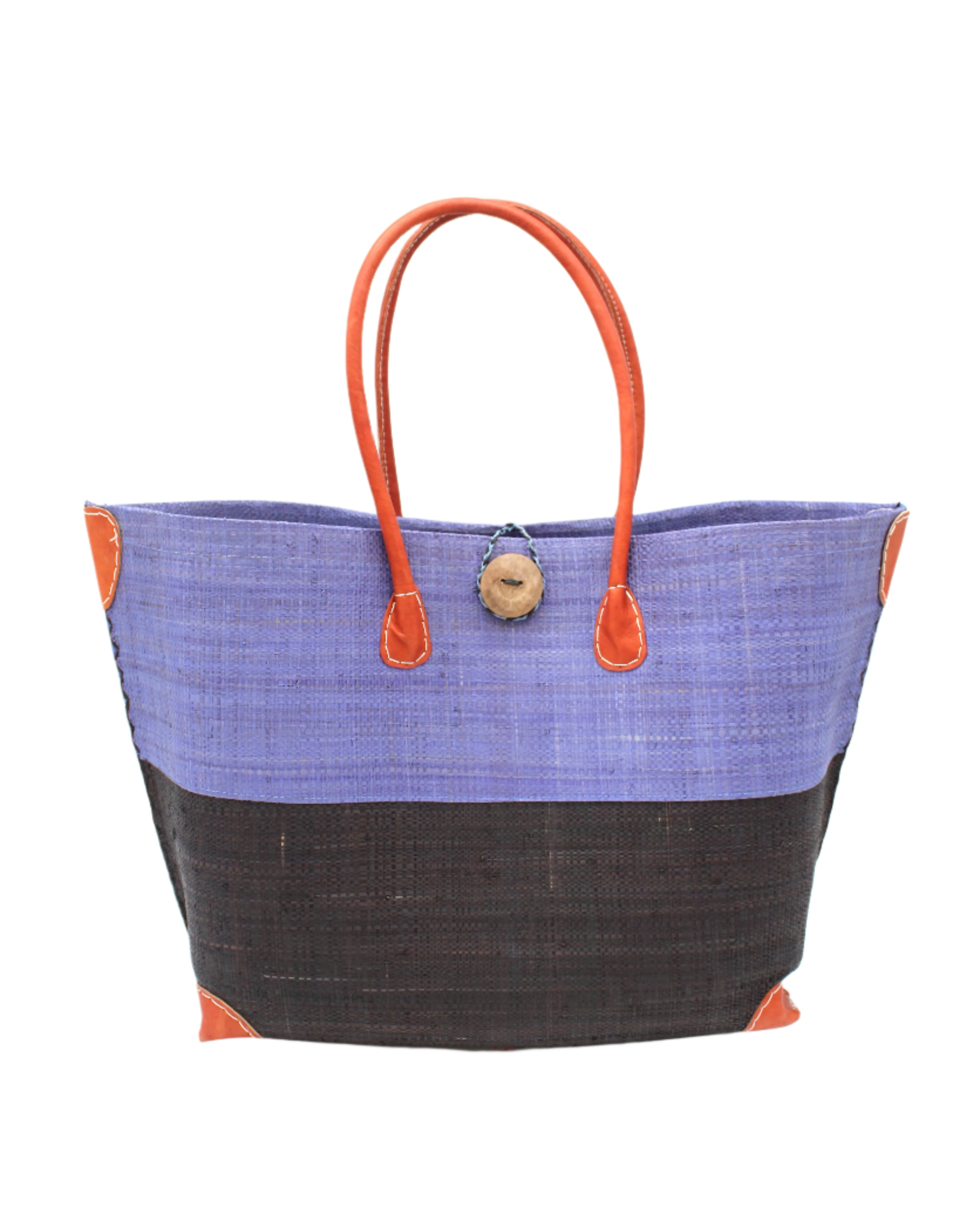 Monterey Two Tone Denim and Black Straw Tote Bag handmade loomed raffia fibers in a color block pattern of denim retro/light/blue colored upper half, and black lower half - Shebobo