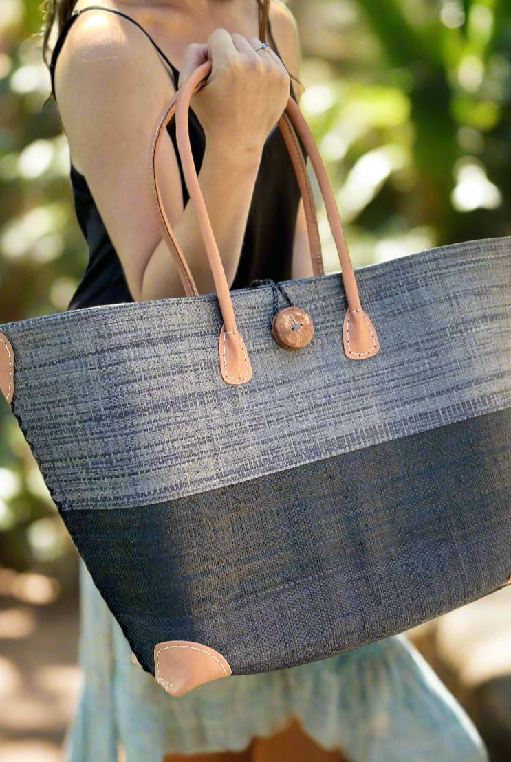 Monterey Two Tone Straw Tote Bag handmade loomed raffia fibers in a color block pattern of grey colored upper half, and black lower half - Shebobo