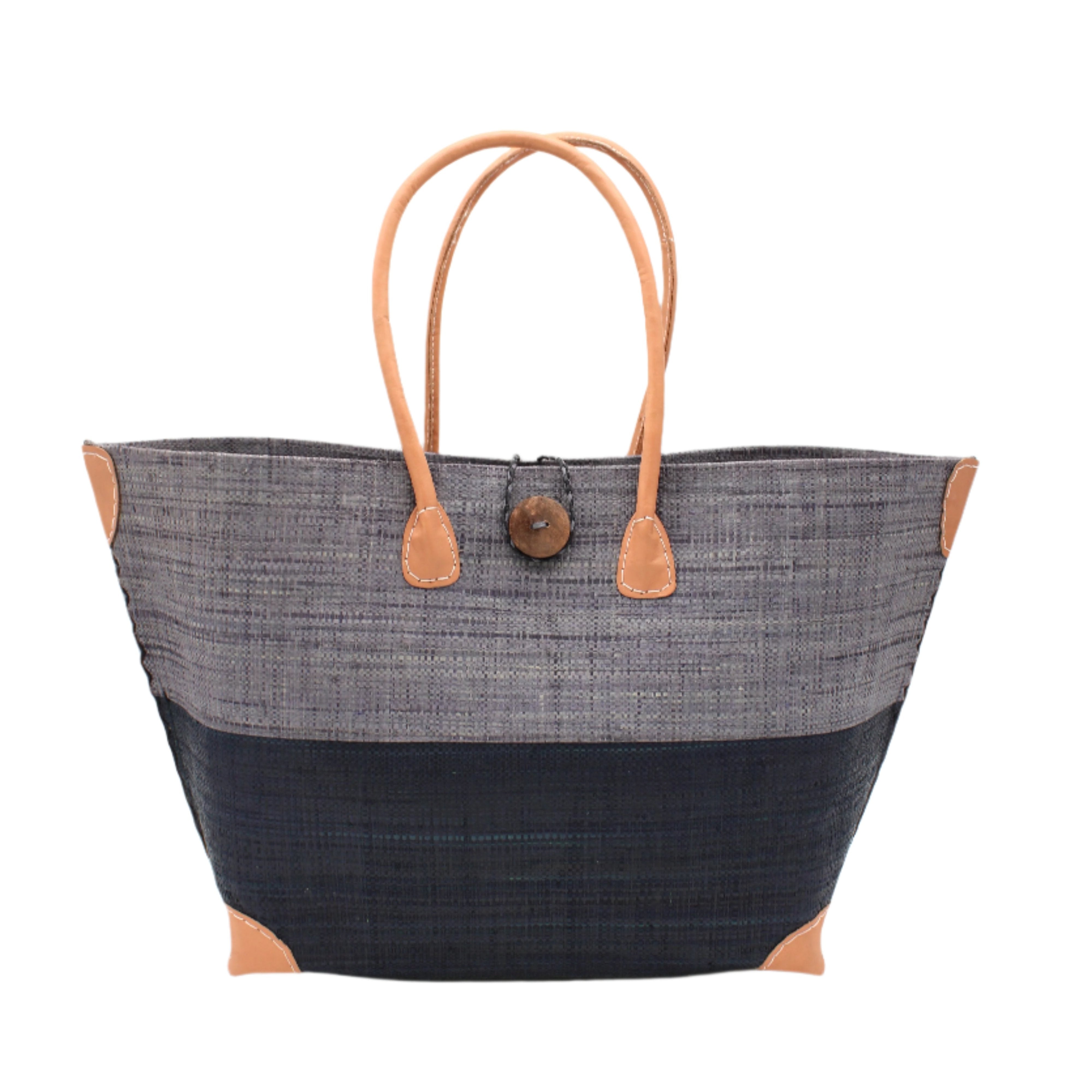 Monterey Two Tone Straw Tote Bag handmade loomed raffia fibers in a color block pattern of grey colored upper half, and black lower half - Shebobo