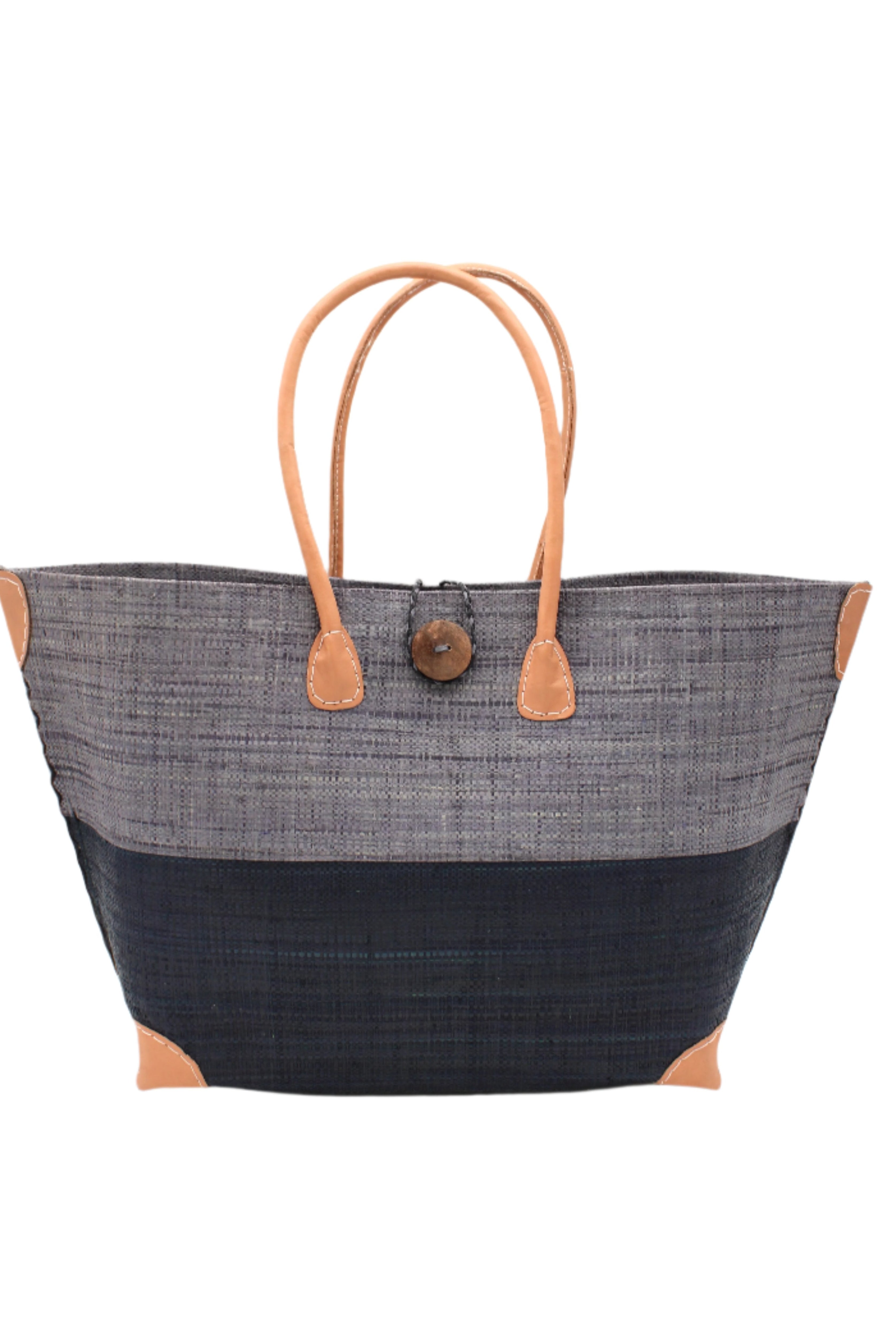 Monterey Two Tone Straw Tote Bag handmade loomed raffia fibers in a color block pattern of grey colored upper half, and black lower half - Shebobo