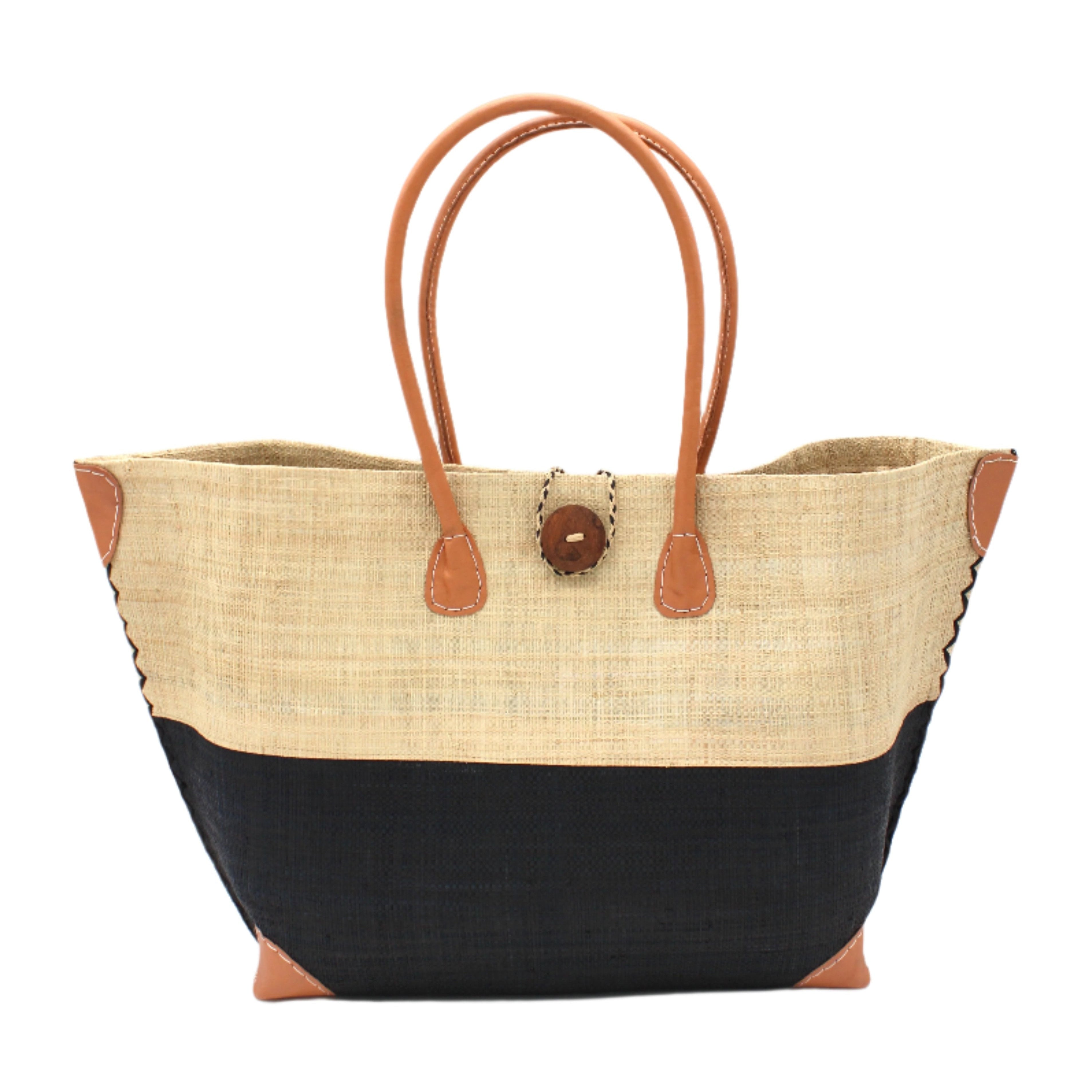 Monterey Two Tone Straw Tote Bag handmade loomed raffia fibers in a color block pattern of natural straw colored upper half, and black lower half - Shebobo