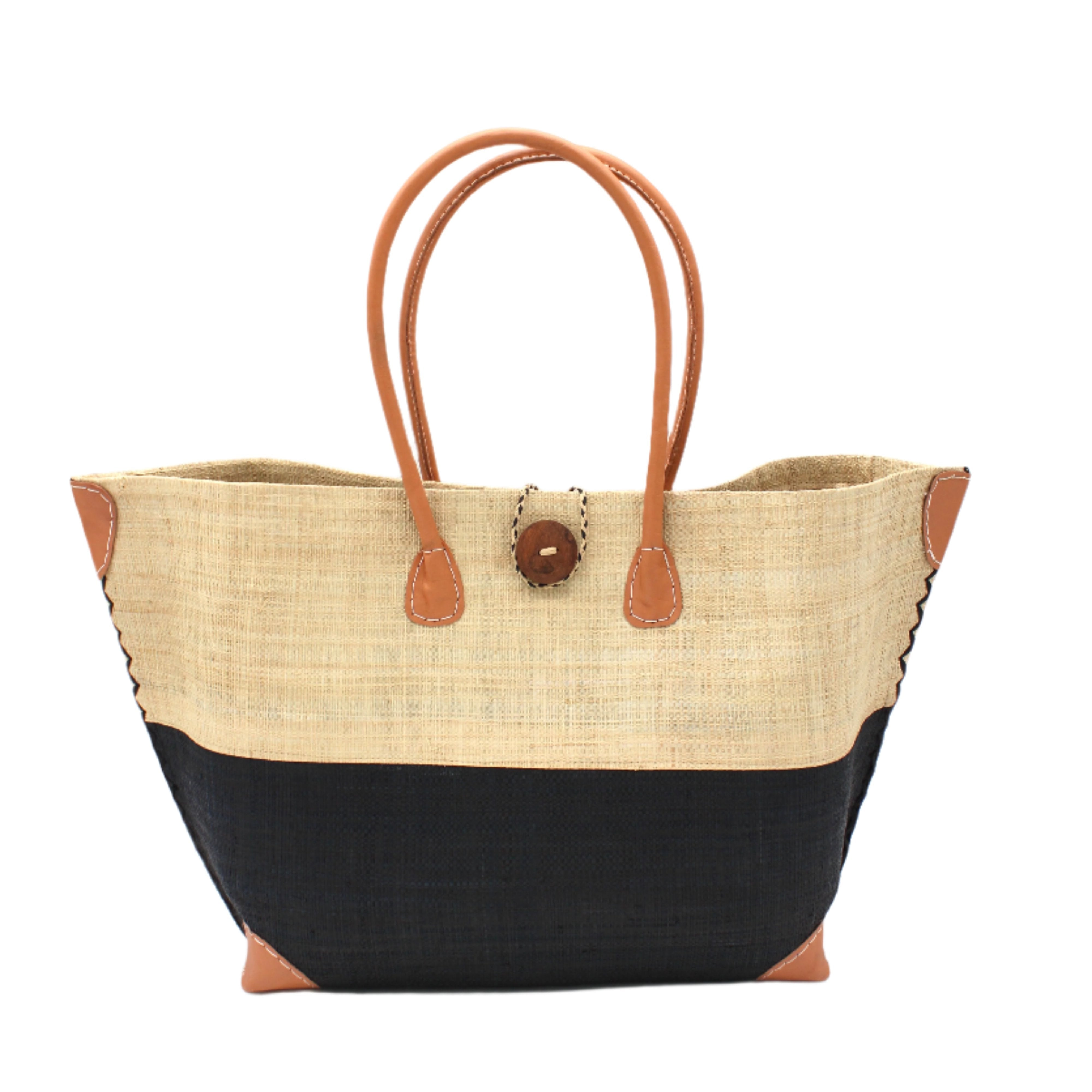 Monterey Two Tone Straw Tote Bag handmade loomed raffia fibers in a color block pattern of natural straw colored upper half, and black lower half - Shebobo