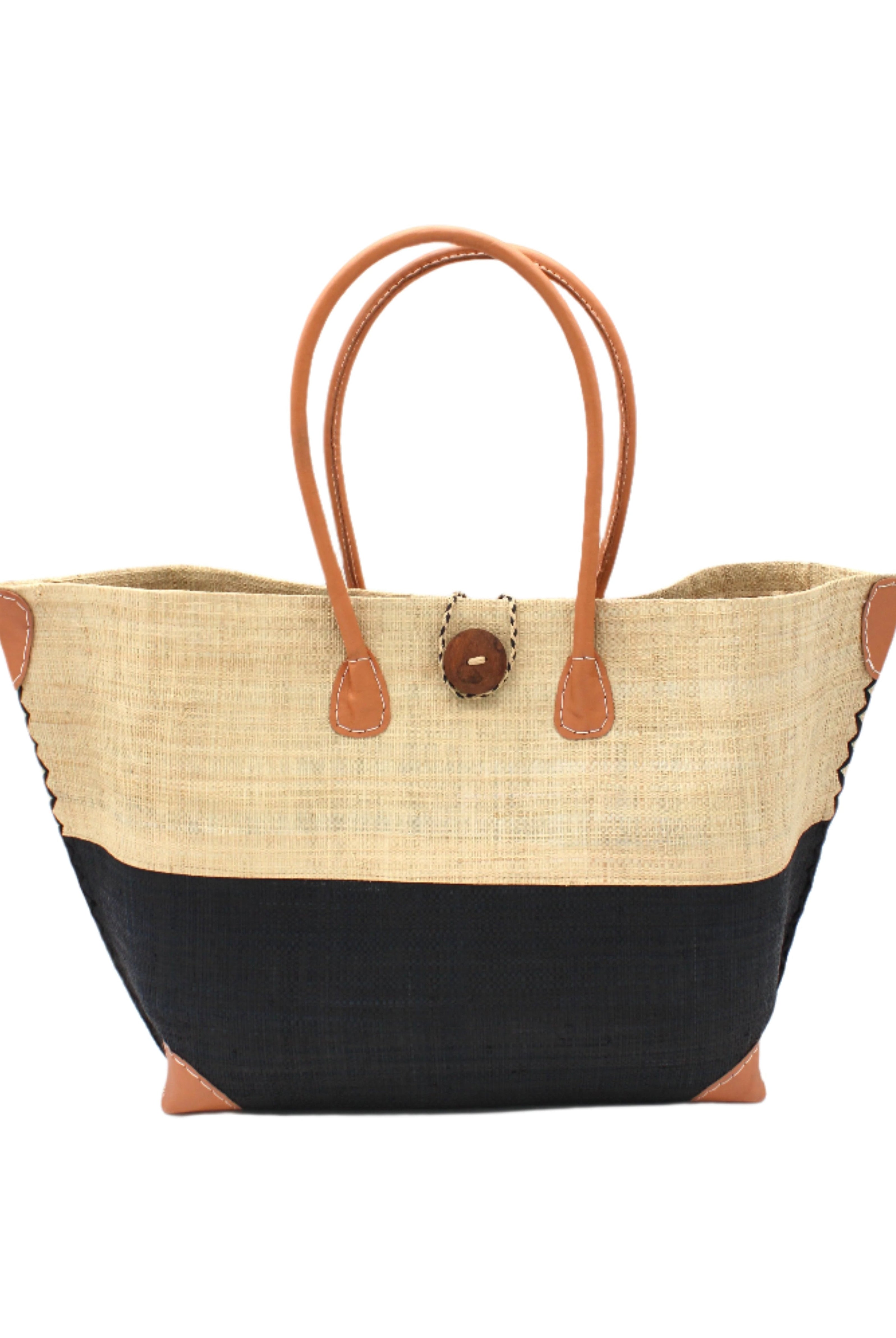 Monterey Two Tone Straw Tote Bag handmade loomed raffia fibers in a color block pattern of natural straw colored upper half, and black lower half - Shebobo