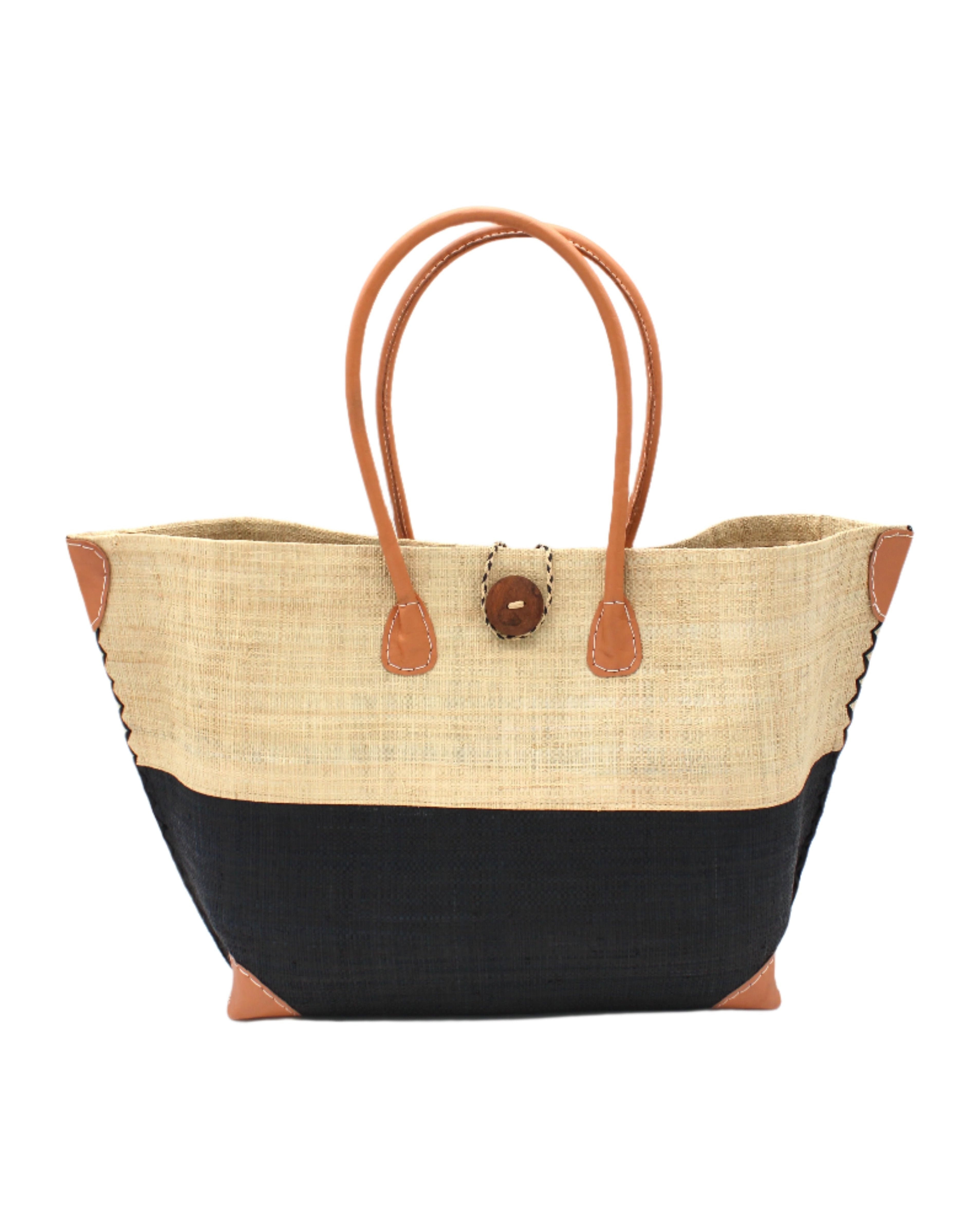 Monterey Two Tone Straw Tote Bag handmade loomed raffia fibers in a color block pattern of natural straw colored upper half, and black lower half - Shebobo