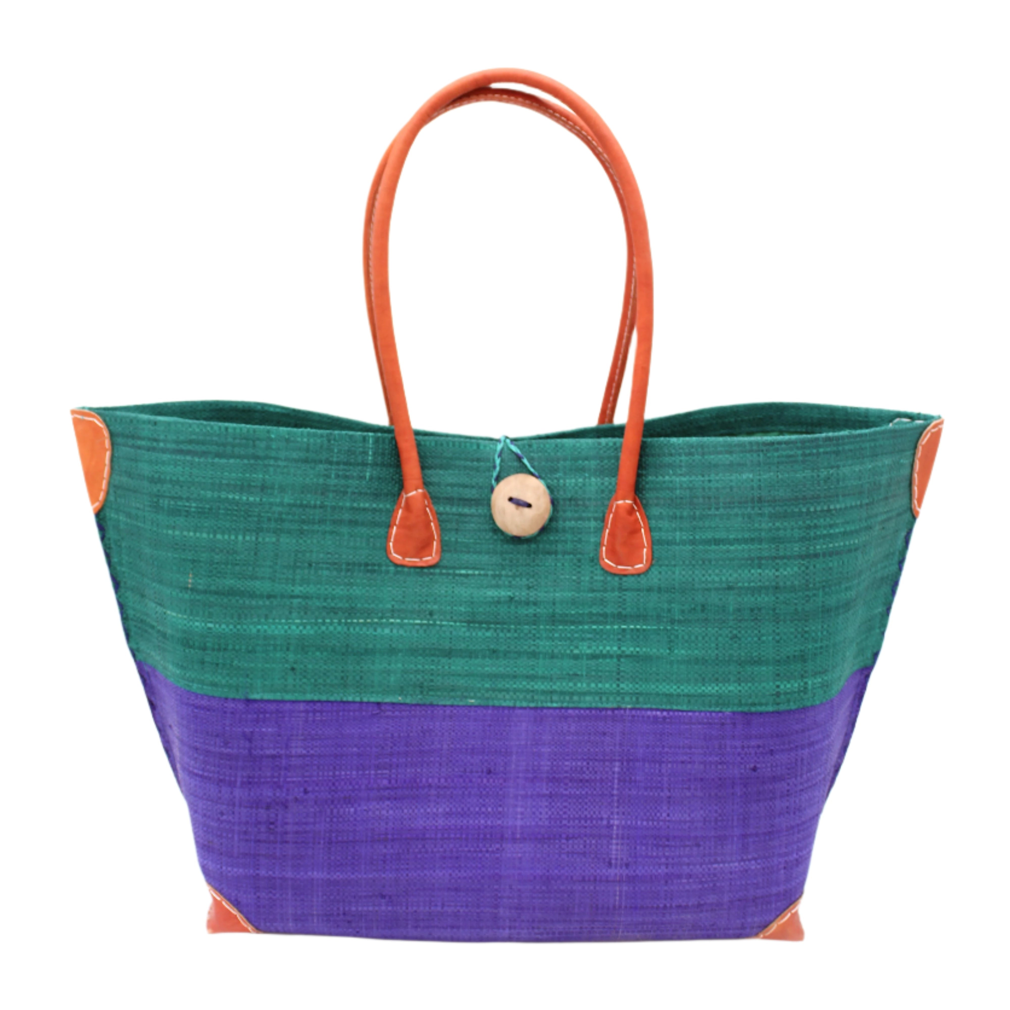 Monterey Two Tone Teal and Dusk Straw Tote Bag handmade loomed raffia fibers in a color block pattern of teal dark/blue/green colored upper half, and dusk dark/navy/blue lower half - Shebobo