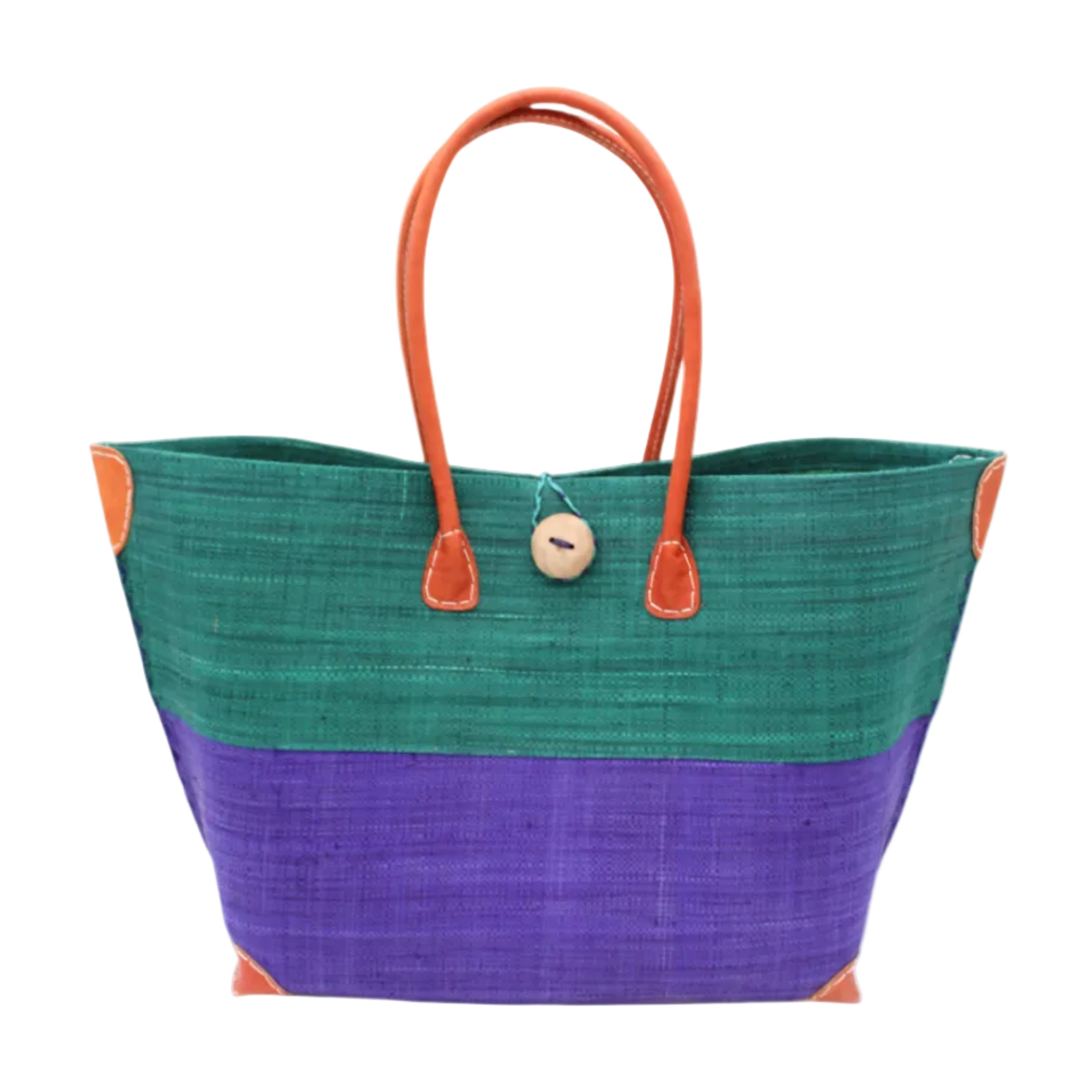 Monterey Two Tone Teal and Dusk Straw Tote Bag handmade loomed raffia fibers in a color block pattern of teal dark/blue/green colored upper half, and dusk dark/navy/blue lower half - Shebobo