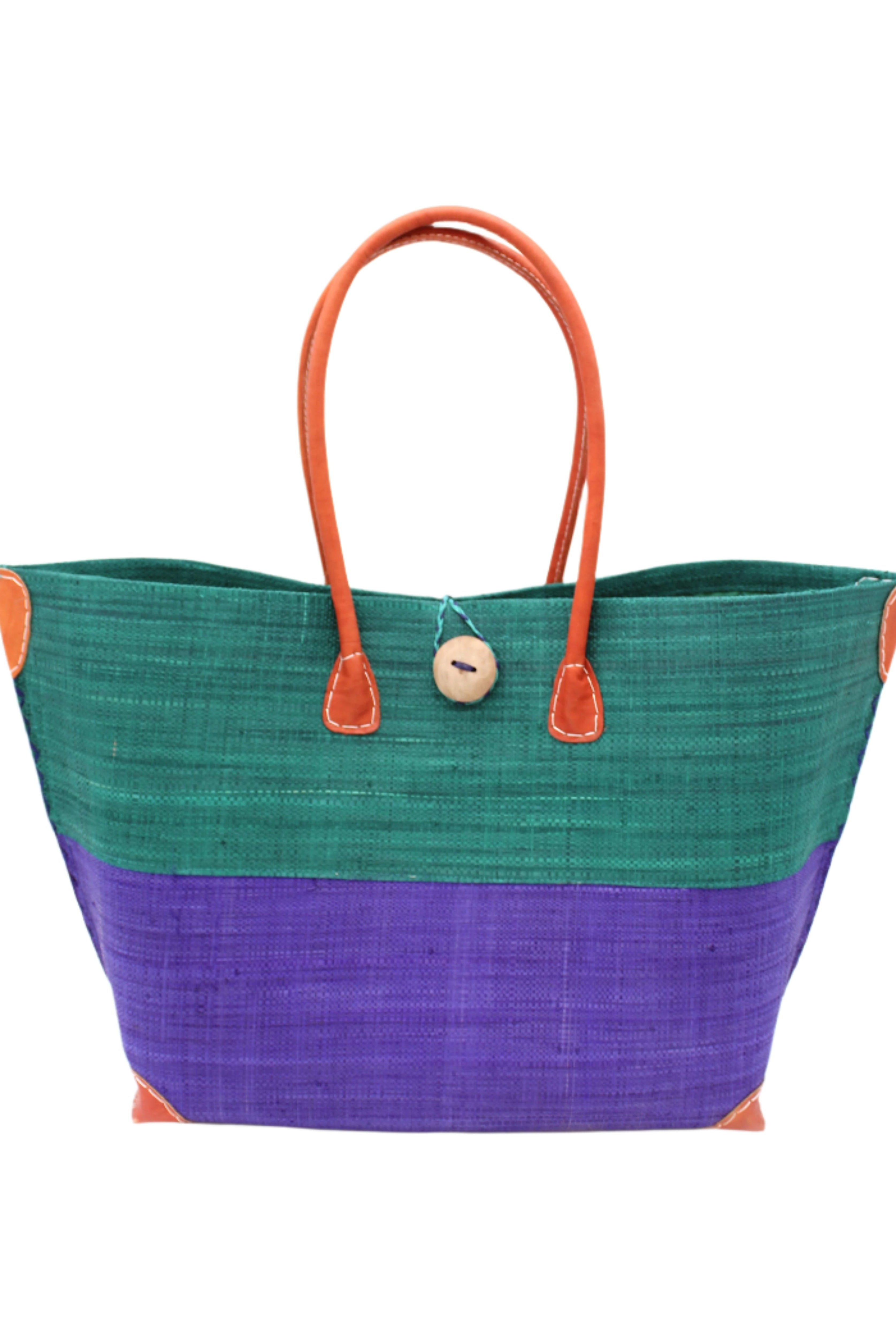 Monterey Two Tone Teal and Dusk Straw Tote Bag handmade loomed raffia fibers in a color block pattern of teal dark/blue/green colored upper half, and dusk dark/navy/blue lower half - Shebobo