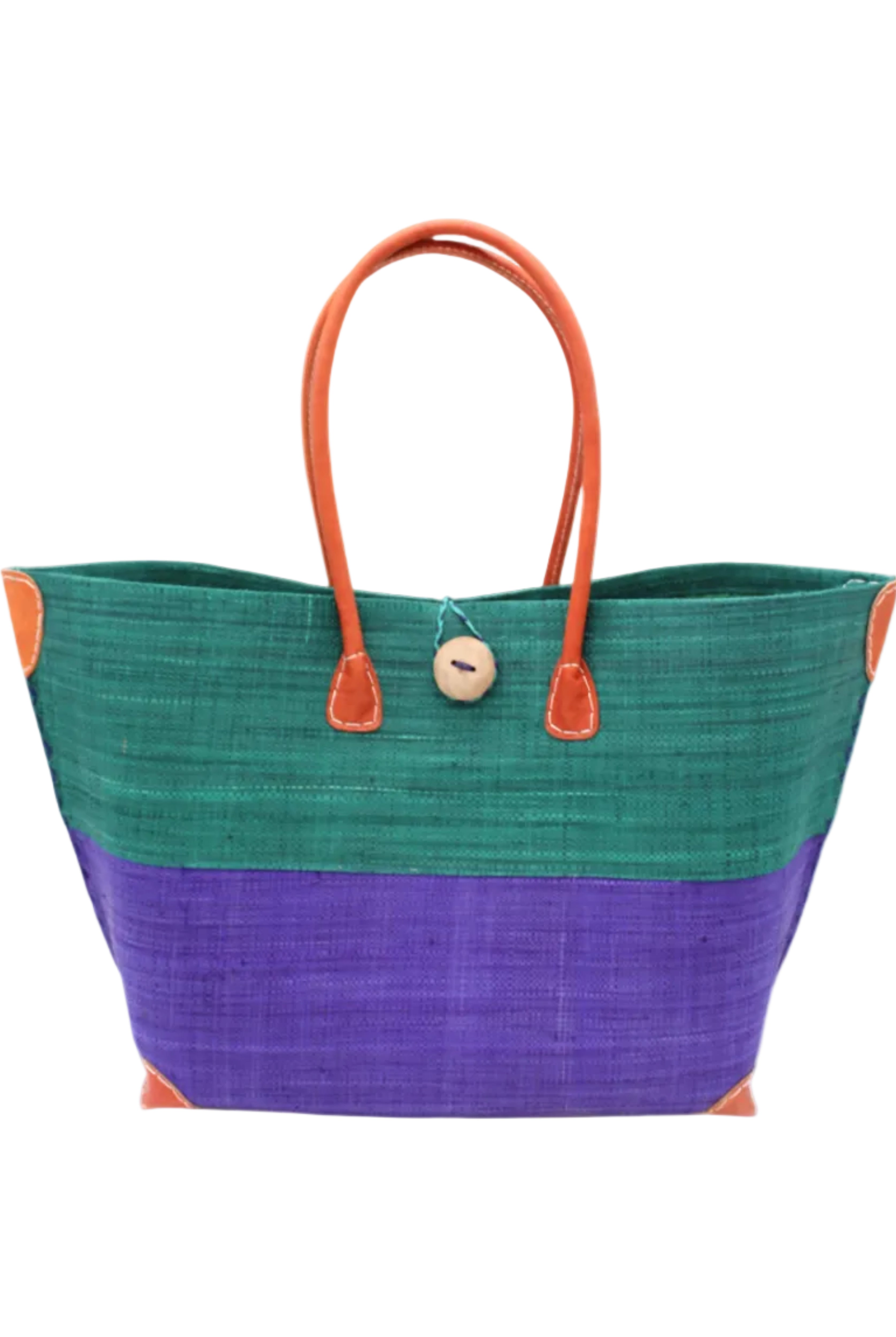 Monterey Two Tone Teal and Dusk Straw Tote Bag handmade loomed raffia fibers in a color block pattern of teal dark/blue/green colored upper half, and dusk dark/navy/blue lower half - Shebobo