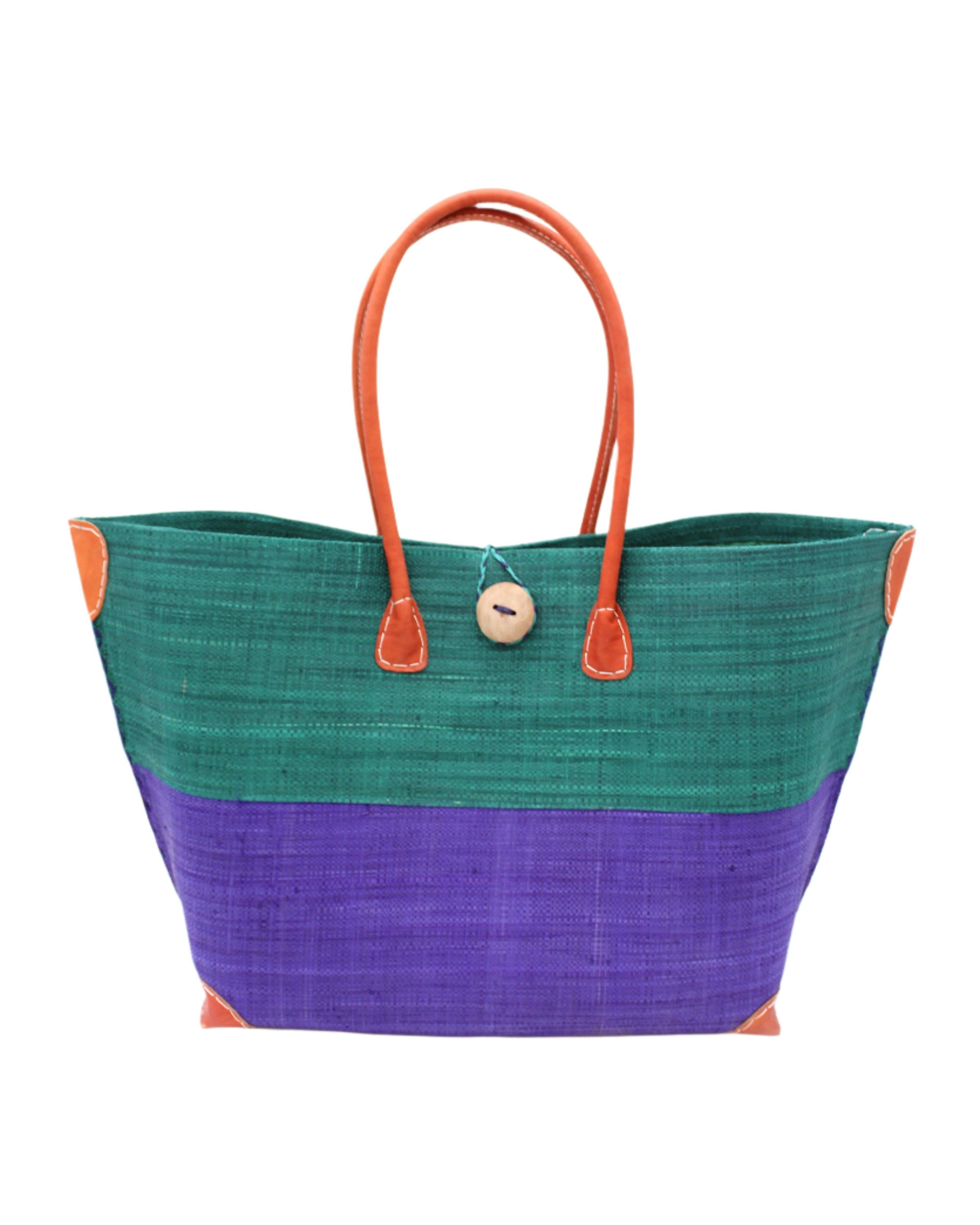 Monterey Two Tone Teal and Dusk Straw Tote Bag handmade loomed raffia fibers in a color block pattern of teal dark/blue/green colored upper half, and dusk dark/navy/blue lower half - Shebobo