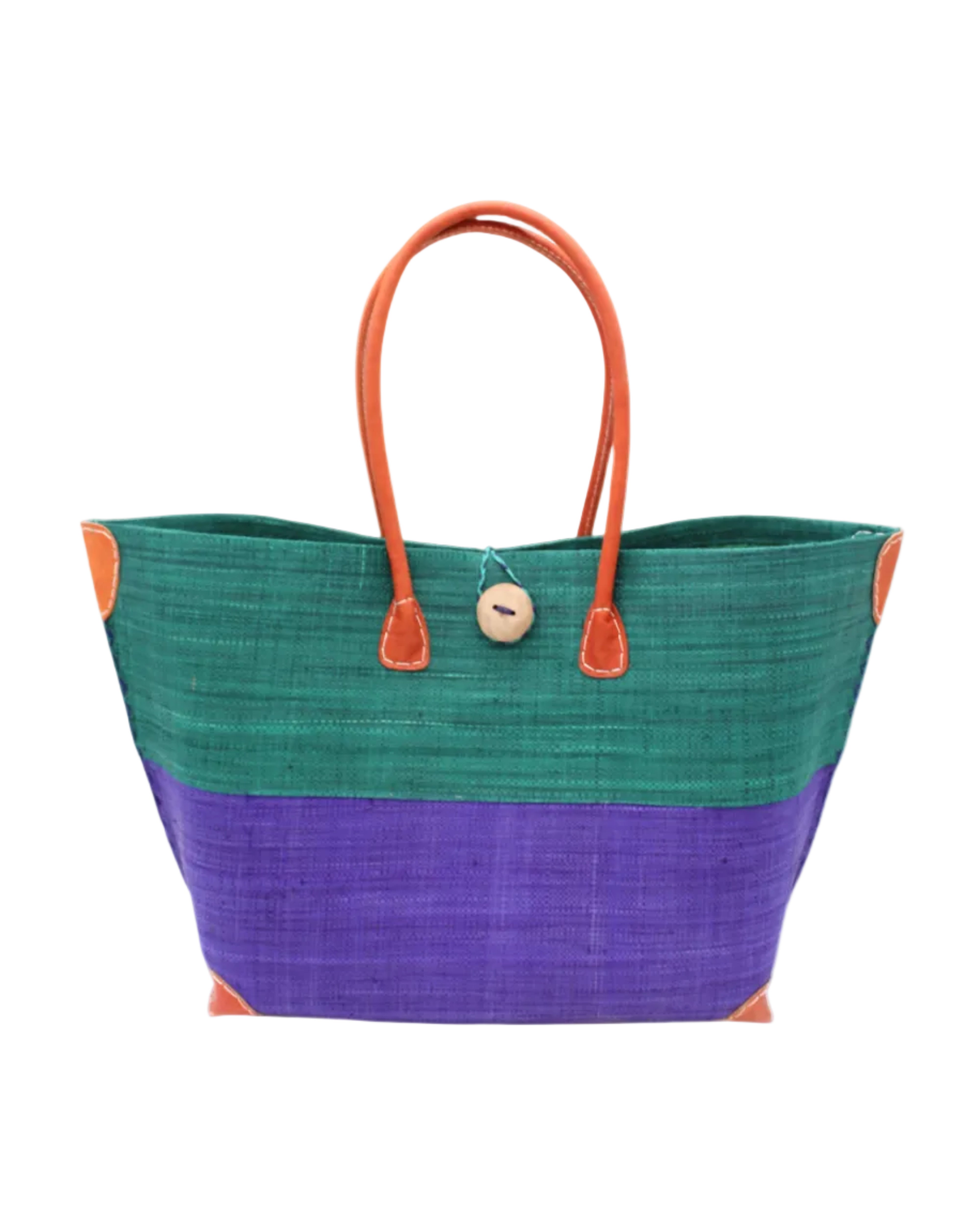 Monterey Two Tone Teal and Dusk Straw Tote Bag handmade loomed raffia fibers in a color block pattern of teal dark/blue/green colored upper half, and dusk dark/navy/blue lower half - Shebobo