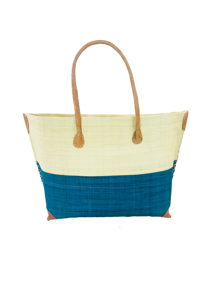 Monterey Two Tone Straw Tote Bag handmade loomed raffia fibers in a color block pattern of natural straw colored upper half, and turquoise blue lower half - Shebobo