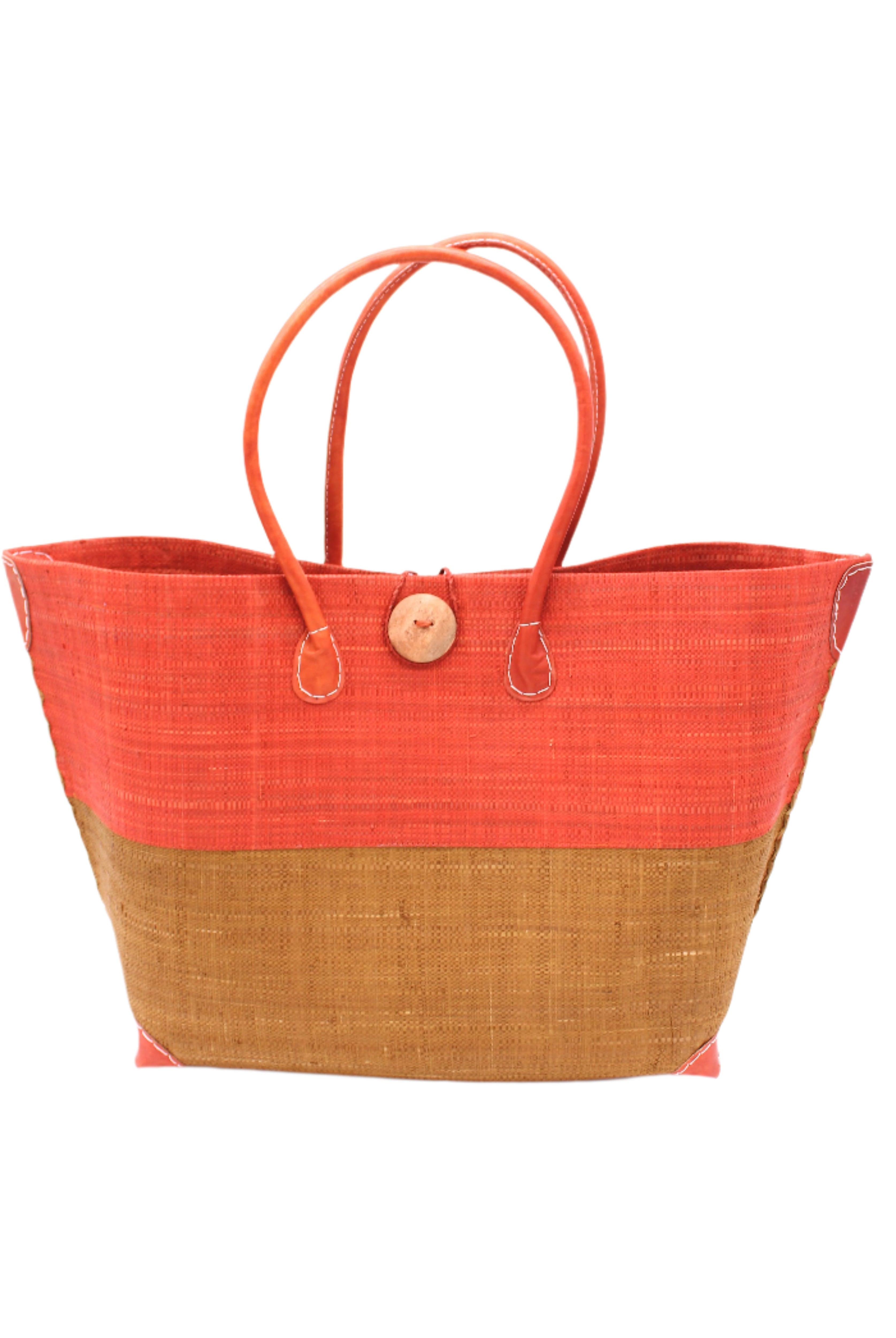 Monterey Two Tone Whisky and Cinnamon Straw Tote Bag handmade loomed raffia fibers in a color block pattern of whisky dark/red/brown colored upper half, and cinnamon tobacco/dark/brown lower half - Shebobo