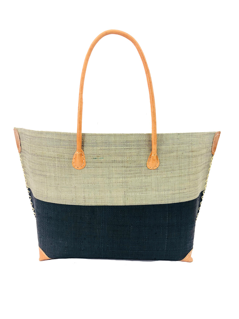 Monterey Two Tone Straw Tote Bag handmade loomed raffia fibers in a color block pattern of grey colored upper half, and black lower half - Shebobo