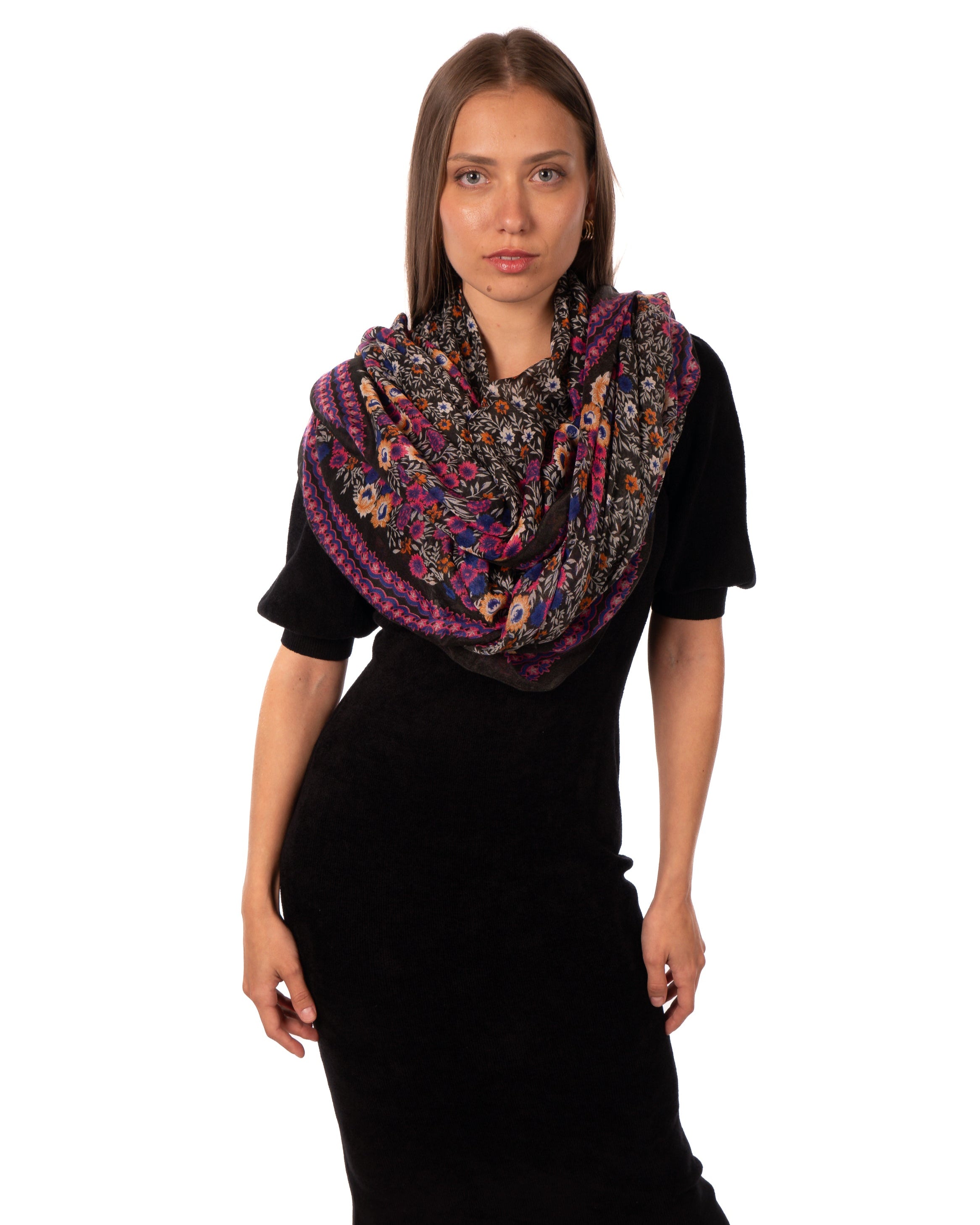 Model wearing Sweet Meadow Scarf Wrap Pink Multicolor Floral Pattern with black, white, blue, purple, orange, etc. - Shebobo