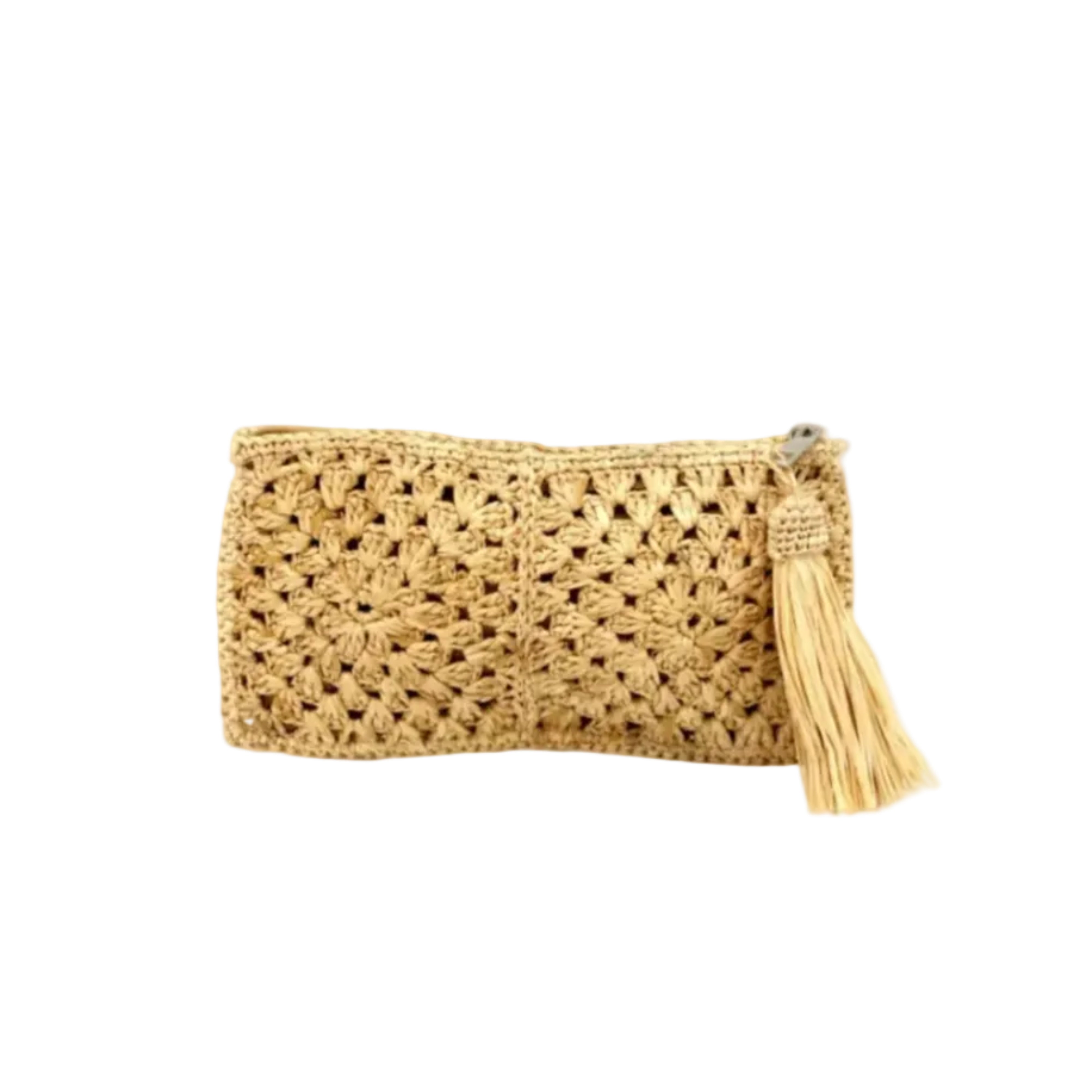 Nasolo Crochet Straw Clutch bag with zipper closure and tassel zipper pull handmade granny square pattern raffia pouch purse in Natural handbag - Shebobo