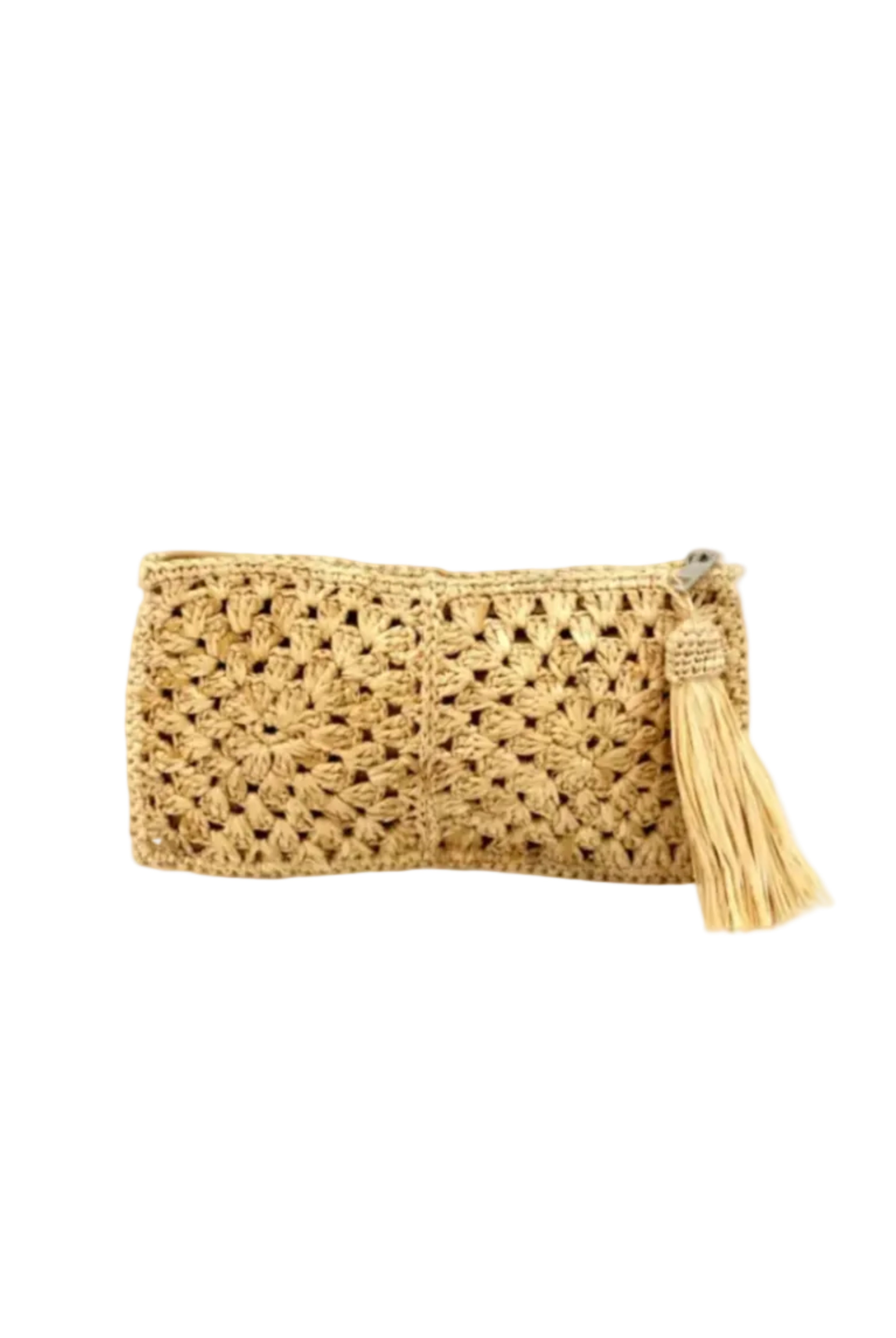 Nasolo Crochet Straw Clutch bag with zipper closure and tassel zipper pull handmade granny square pattern raffia pouch purse in Natural handbag - Shebobo