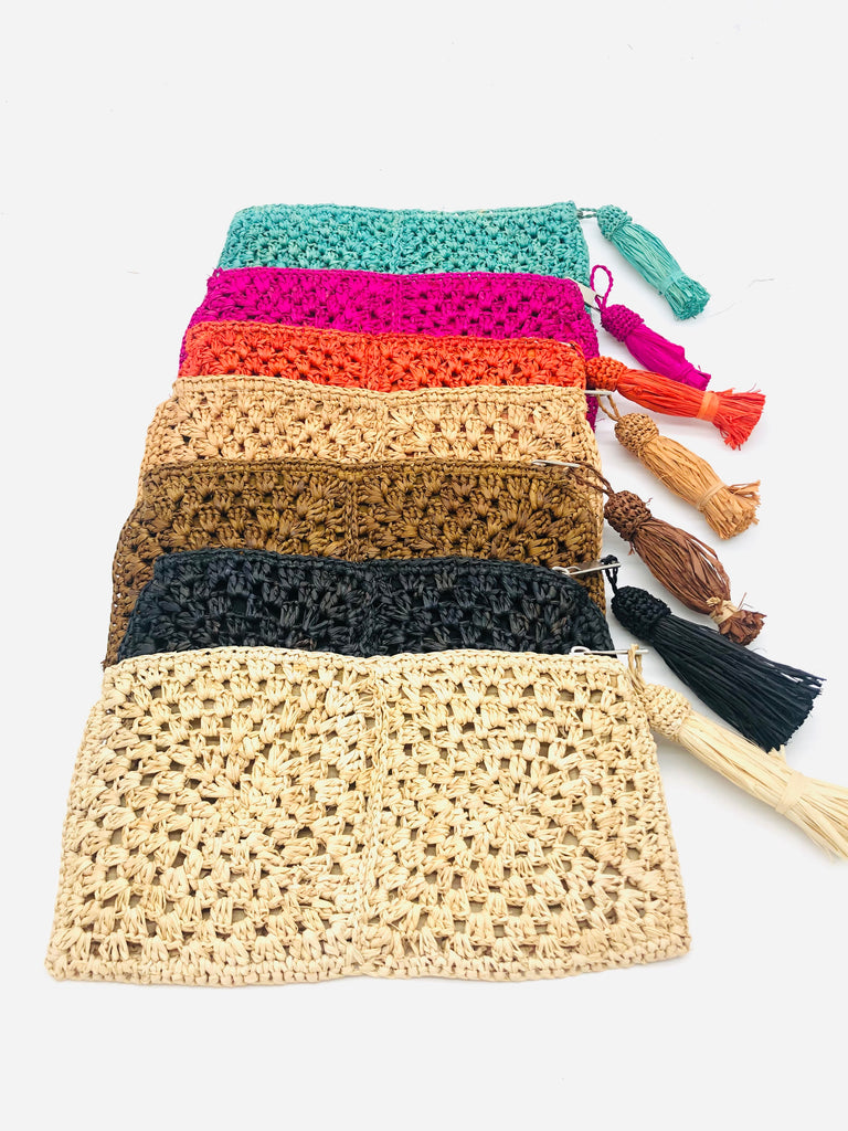 Nasolo Crochet Straw Clutch bag with zipper closure and tassel zipper pull handmade granny square pattern raffia pouch purse in multiple color options handbag - Shebobo