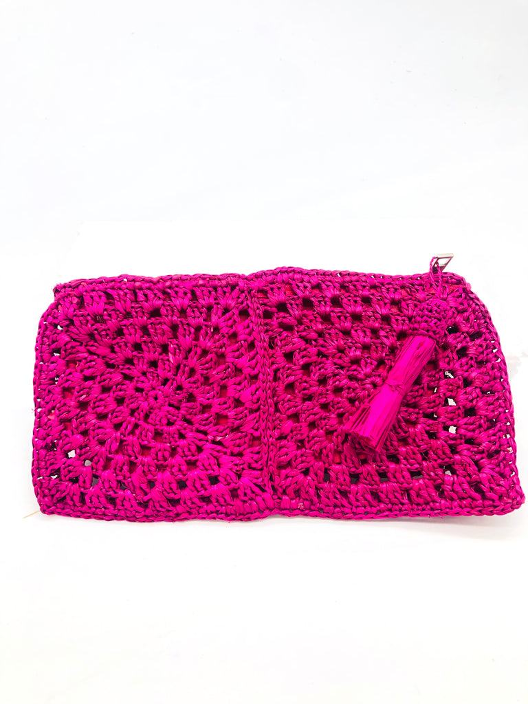 Nasolo Crochet Straw Clutch bag with zipper closure and tassel zipper pull handmade granny square pattern raffia pouch purse in fuchsia hot/barbie/pink  handbag - Shebobo