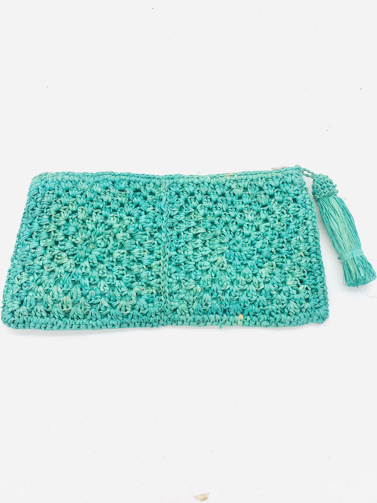 Nasolo Crochet Straw Clutch bag with zipper closure and tassel zipper pull handmade granny square pattern raffia pouch purse in seafoam blue/green handbag - Shebobo