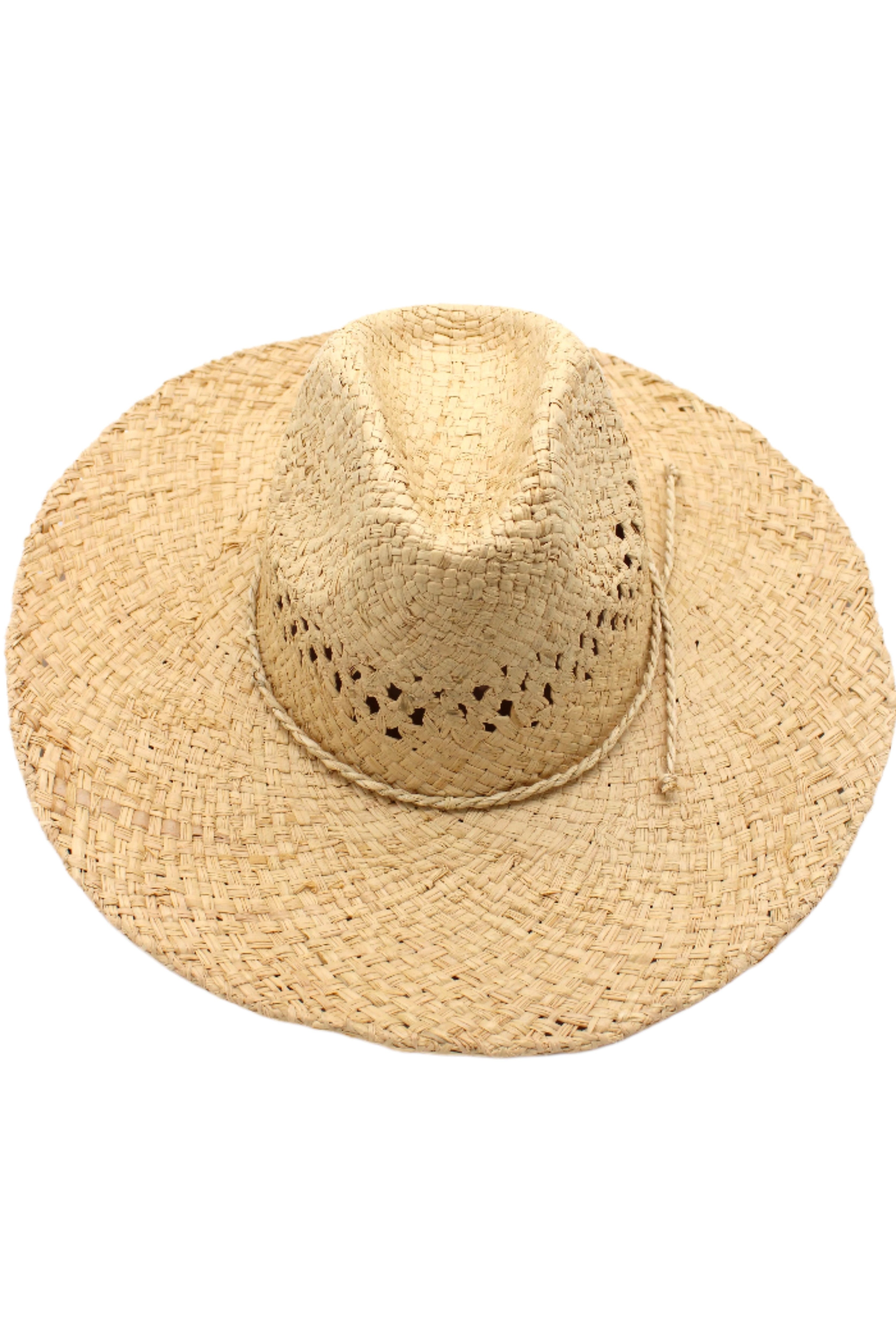 Macho Natural Unisex Straw Cowboy Hat with Adjustable Wire Rim handmade woven raffia in a solid hue of natural straw color in a structured crown style with open weave pattern for breathability and pliable wire rim with matching twisted cord hat band - Shebobo