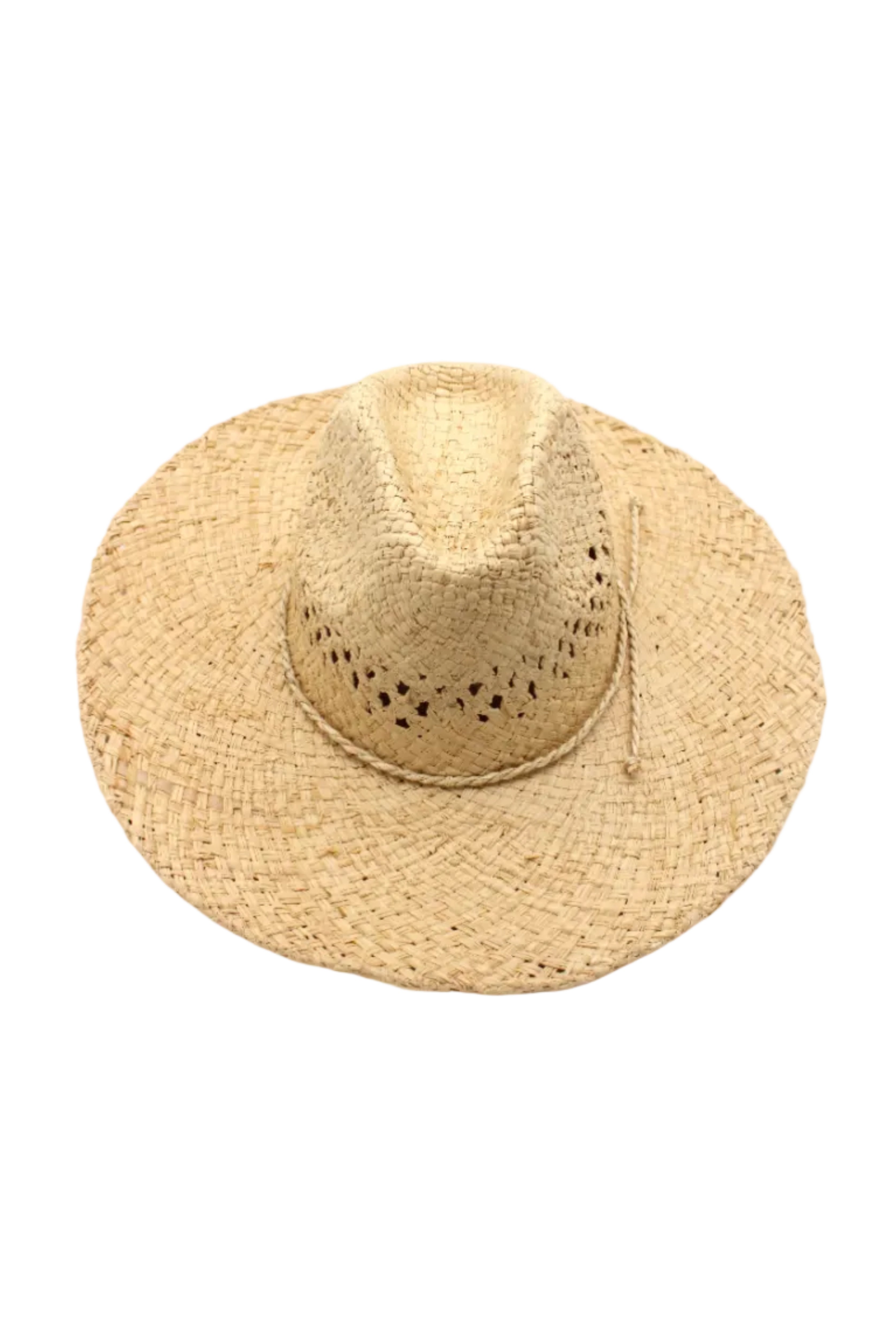 Macho Natural Unisex Straw Cowboy Hat with Adjustable Wire Rim handmade woven raffia in a solid hue of natural straw color in a structured crown style with open weave pattern for breathability and pliable wire rim with matching twisted cord hat band - Shebobo