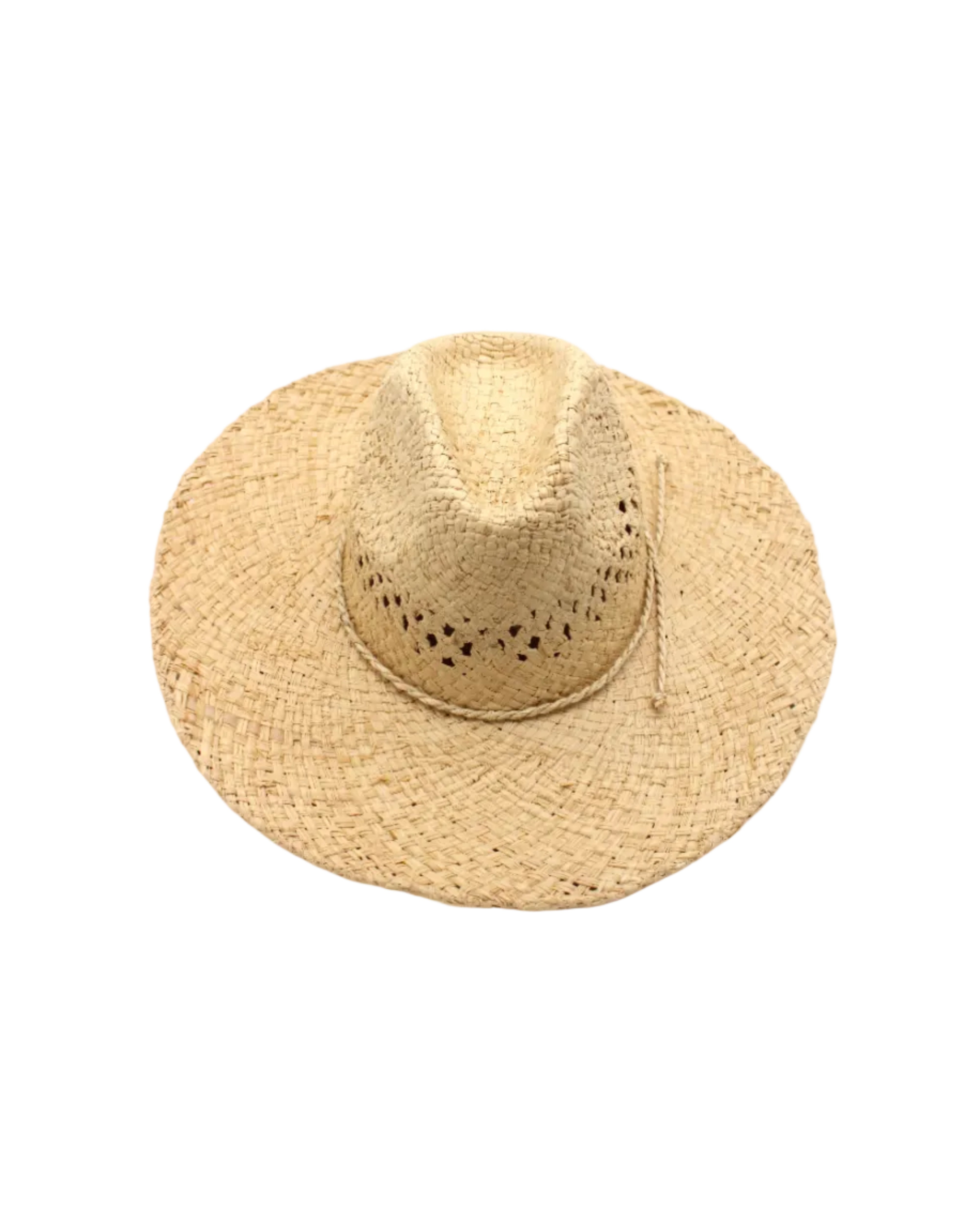 Macho Natural Unisex Straw Cowboy Hat with Adjustable Wire Rim handmade woven raffia in a solid hue of natural straw color in a structured crown style with open weave pattern for breathability and pliable wire rim with matching twisted cord hat band - Shebobo