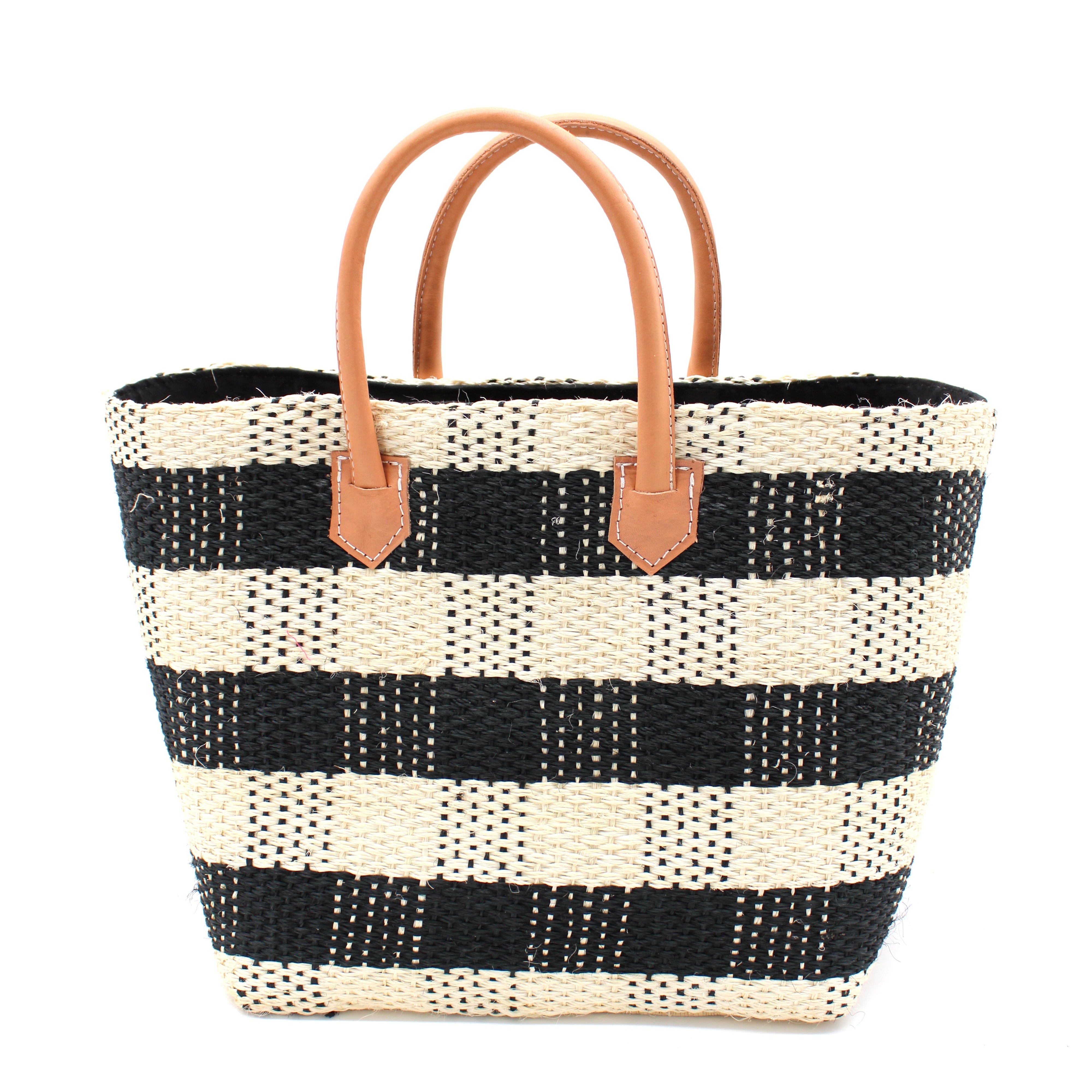 Newport Black Gingham Sisal Basket Bag handmade woven natural sisal fibers in a two tone color plaid pattern of black and natural straw color handbag with leather handles purse beach bag - Shebobo
