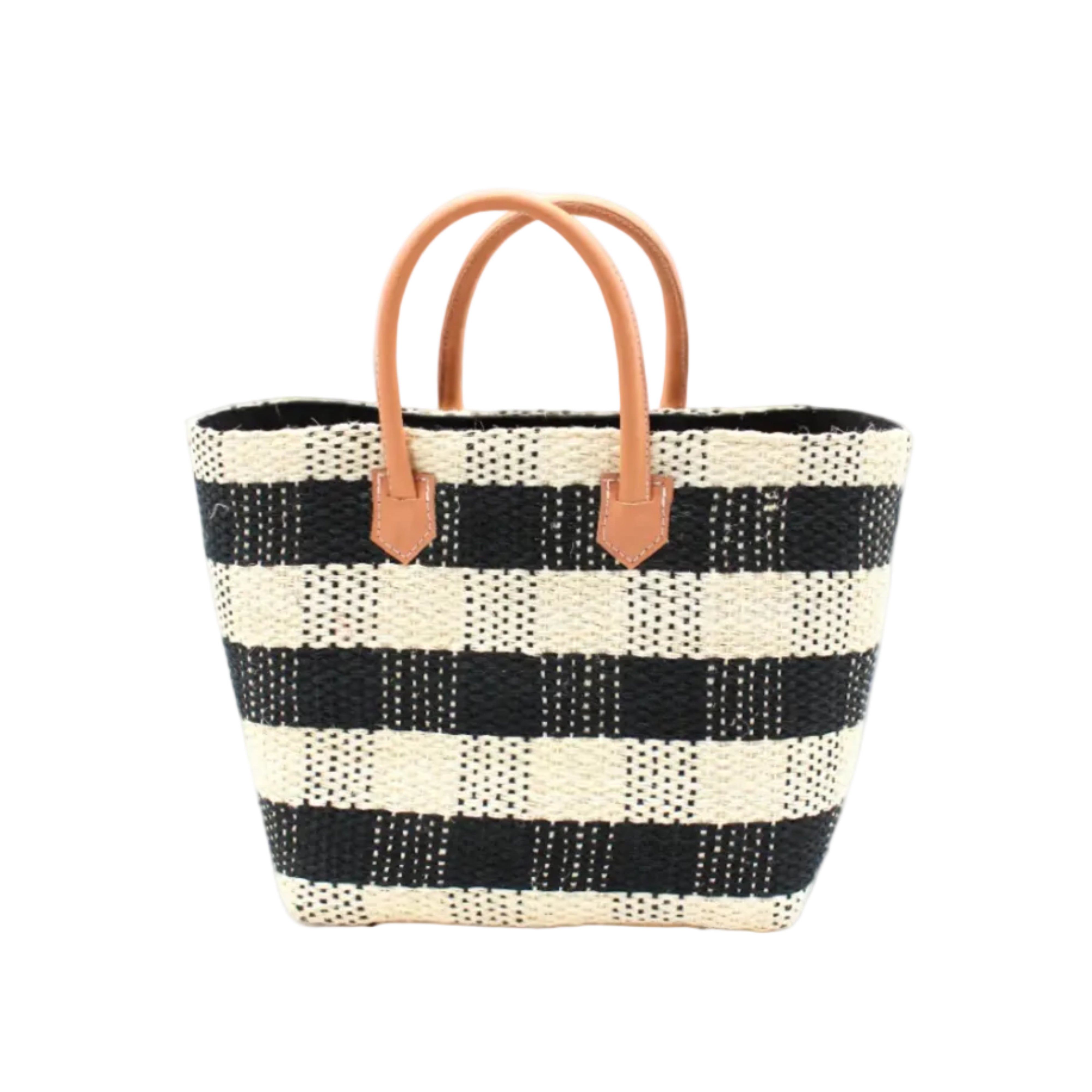 Newport Black Gingham Sisal Basket Bag handmade woven natural sisal fibers in a two tone color plaid pattern of black and natural straw color handbag with leather handles purse beach bag - Shebobo