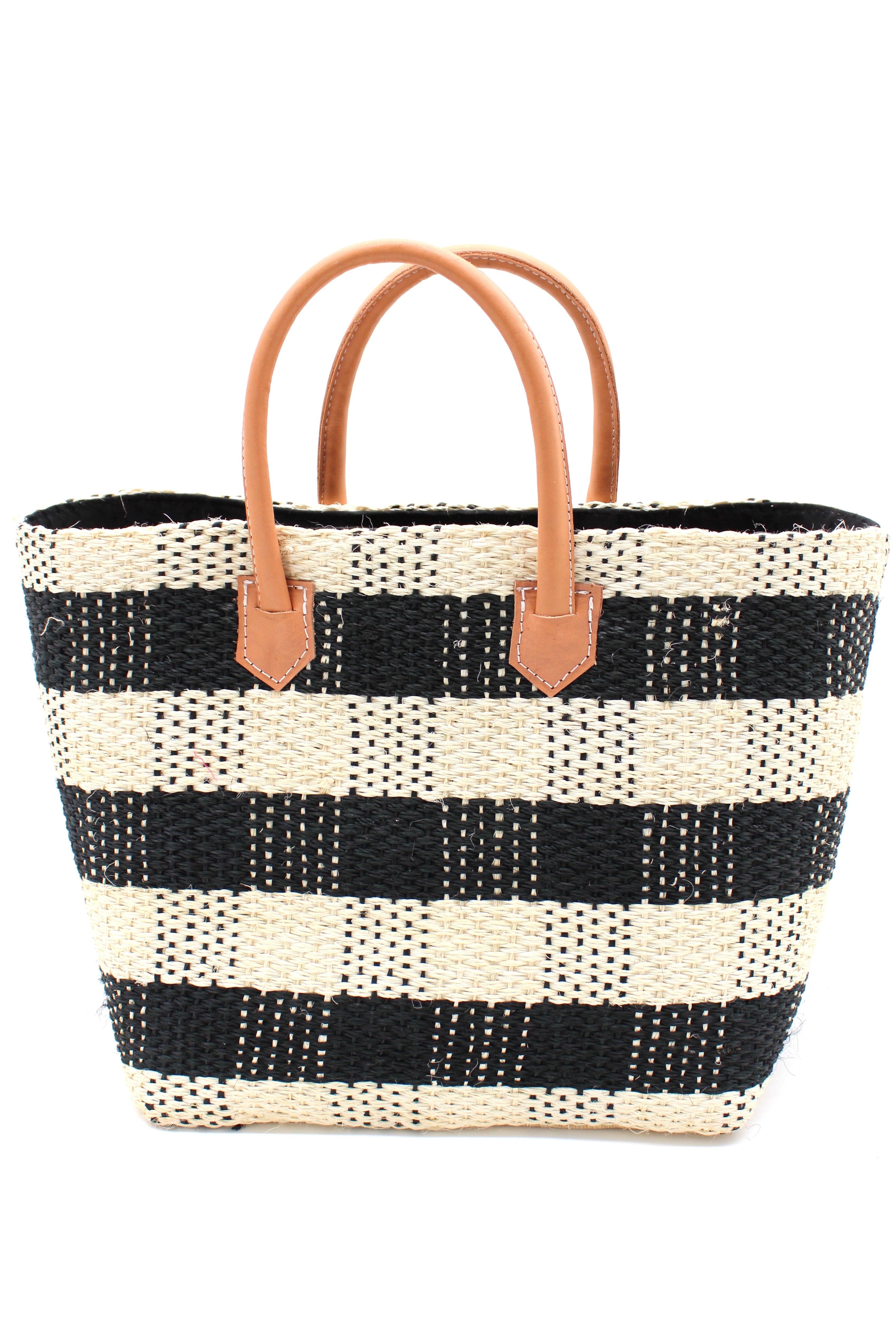 Newport Black Gingham Sisal Basket Bag handmade woven natural sisal fibers in a two tone color plaid pattern of black and natural straw color handbag with leather handles purse beach bag - Shebobo