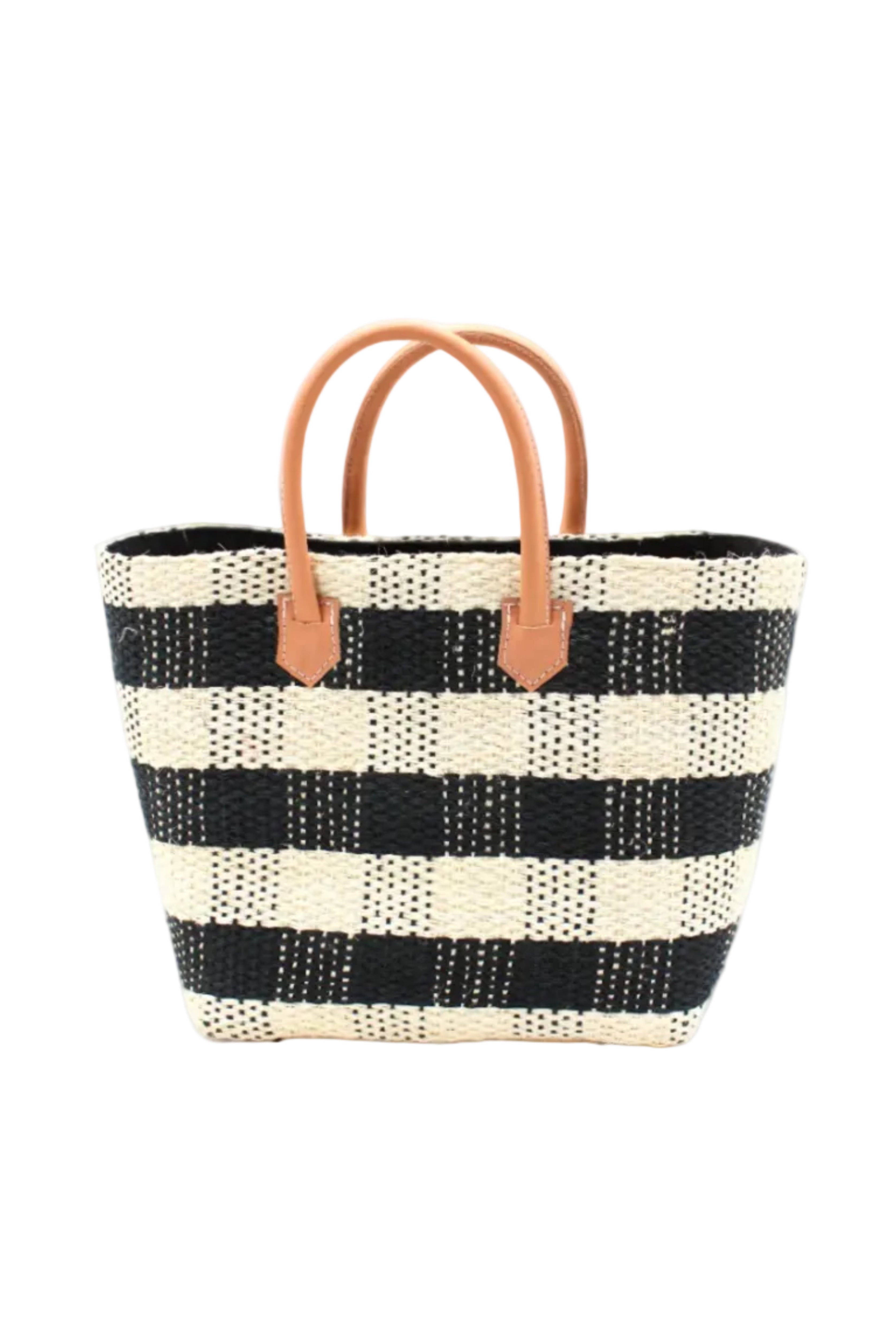 Newport Black Gingham Sisal Basket Bag handmade woven natural sisal fibers in a two tone color plaid pattern of black and natural straw color handbag with leather handles purse beach bag - Shebobo