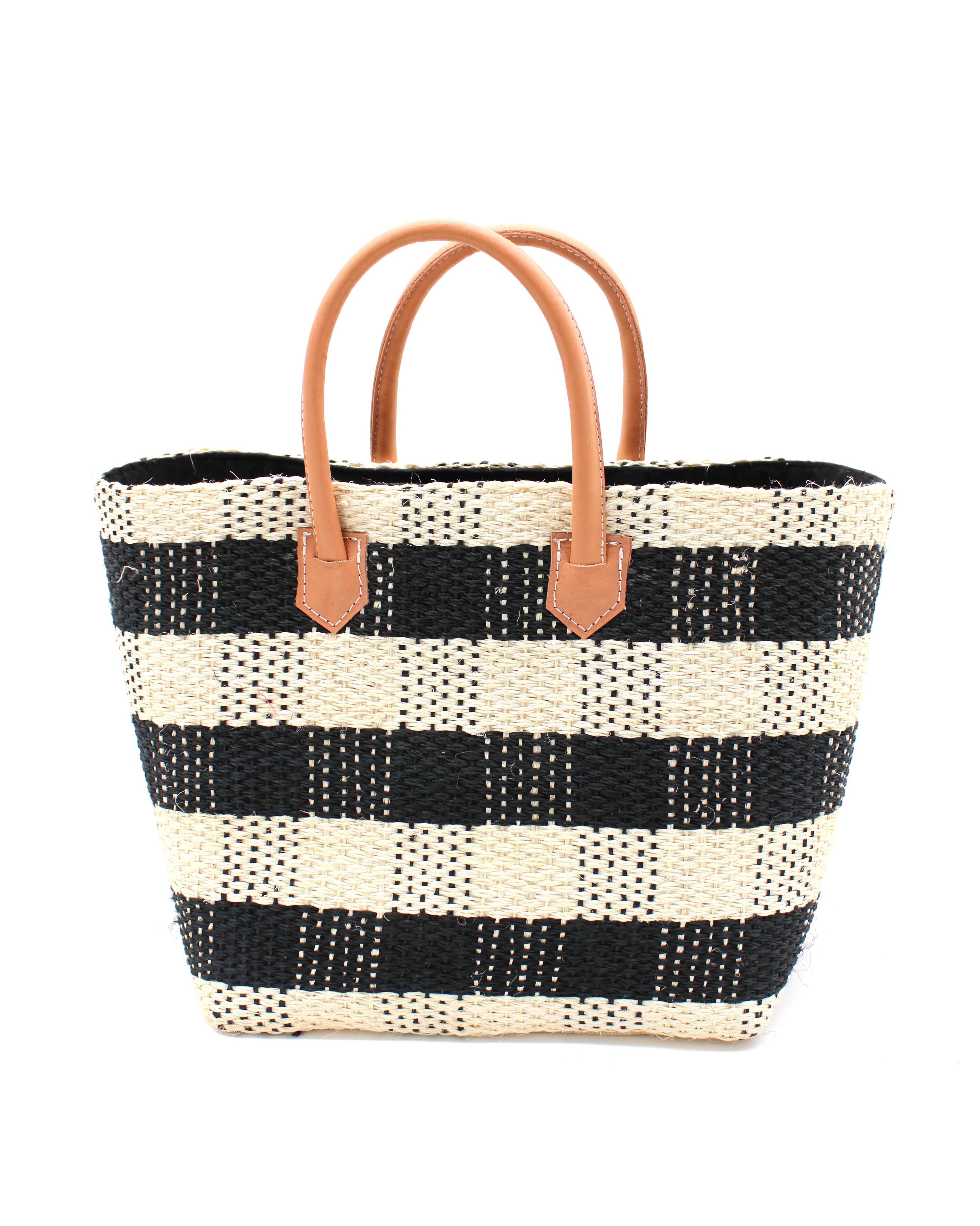 Newport Black Gingham Sisal Basket Bag handmade woven natural sisal fibers in a two tone color plaid pattern of black and natural straw color handbag with leather handles purse beach bag - Shebobo