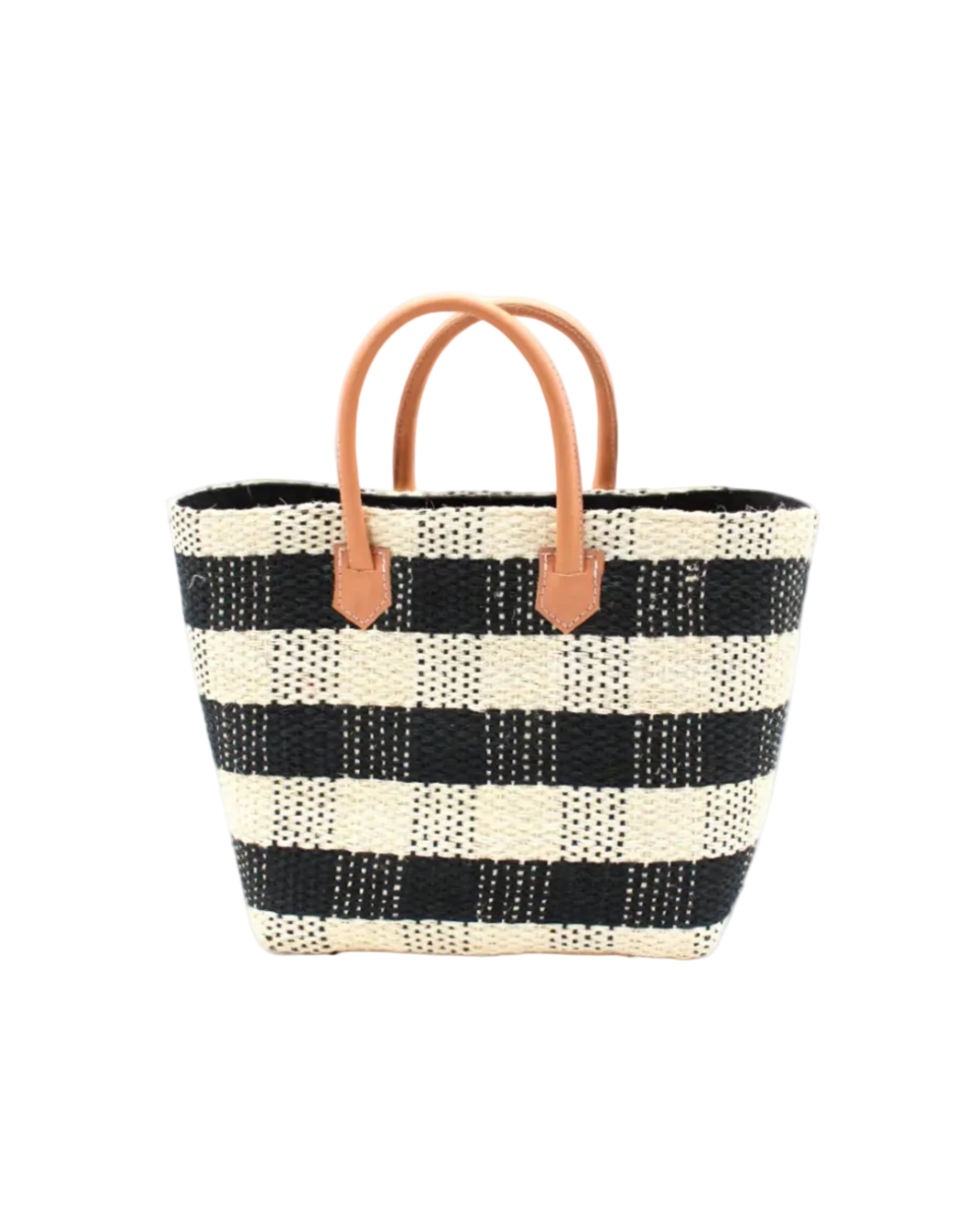 Newport Black Gingham Sisal Basket Bag handmade woven natural sisal fibers in a two tone color plaid pattern of black and natural straw color handbag with leather handles purse beach bag - Shebobo