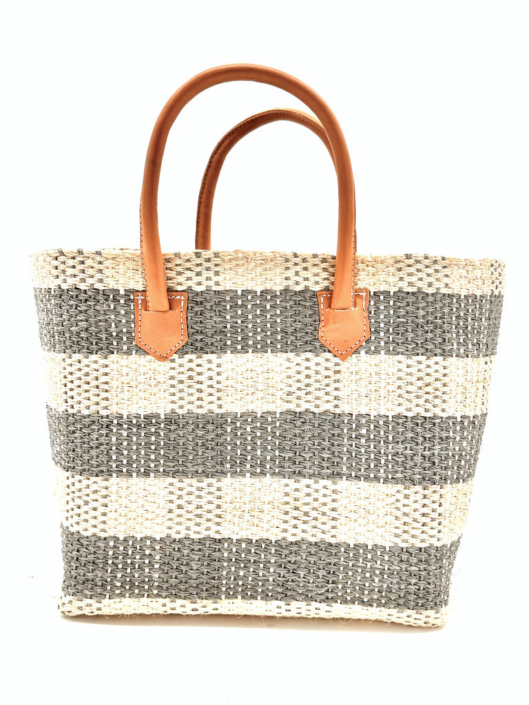 Newport Grey Gingham Sisal Basket Bag handmade woven grey and natural straw color plaid pattern handbag with leather handles - Shebobo