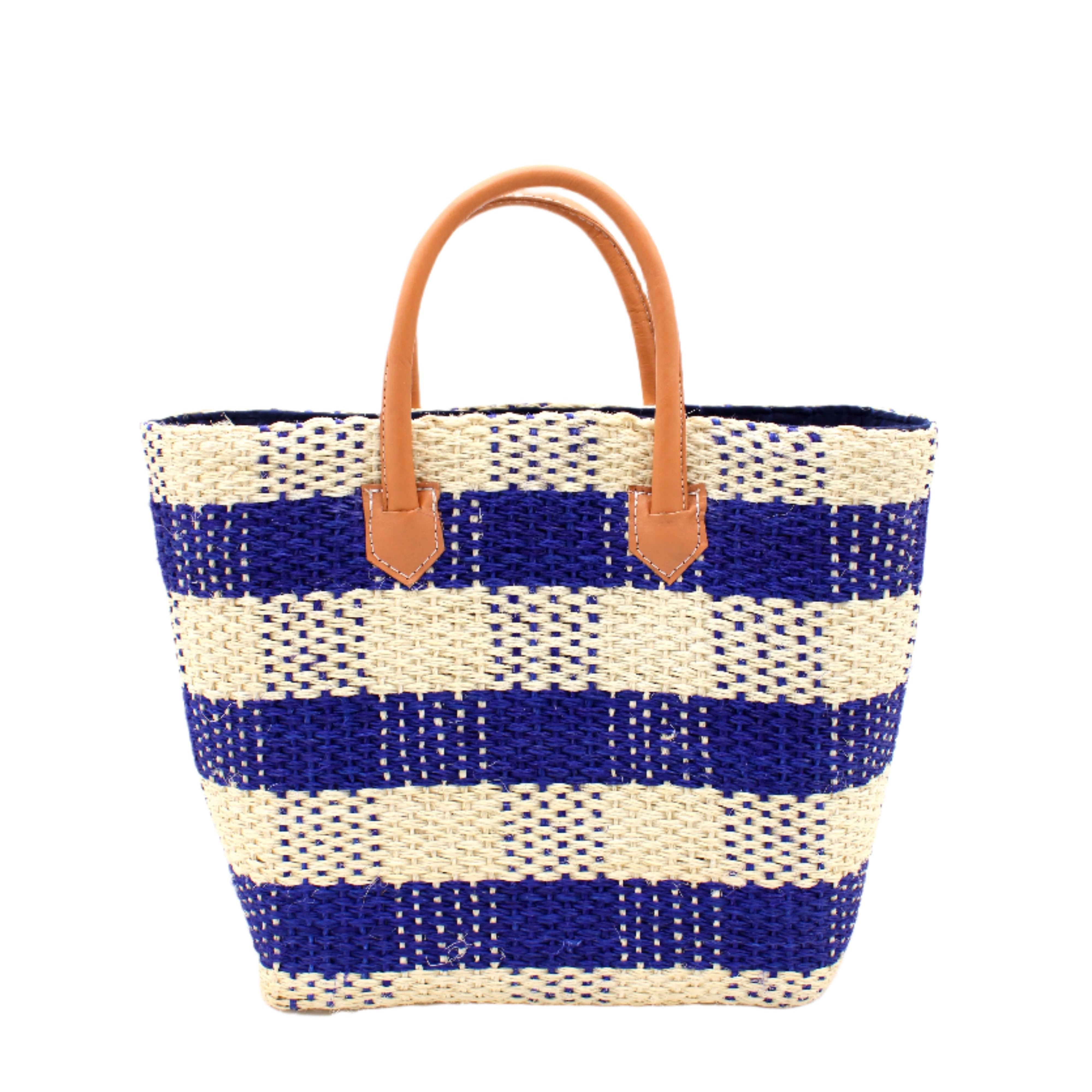Newport Navy Gingham Sisal Basket Bag handmade woven natural sisal fibers in a two tone color plaid pattern of navy dark blue and natural straw color handbag with leather handles purse beach bag - Shebobo