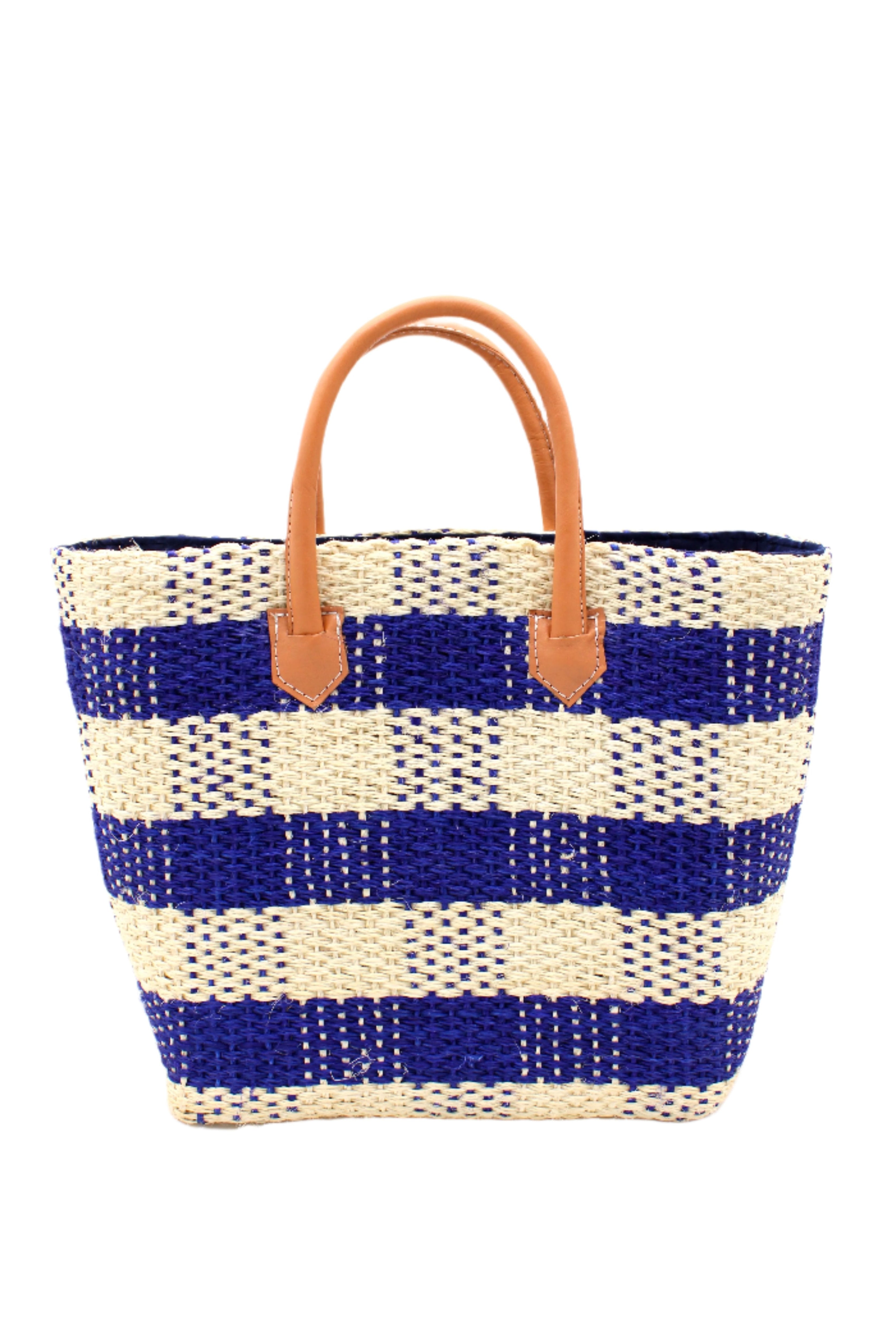 Newport Navy Gingham Sisal Basket Bag handmade woven natural sisal fibers in a two tone color plaid pattern of navy dark blue and natural straw color handbag with leather handles purse beach bag - Shebobo