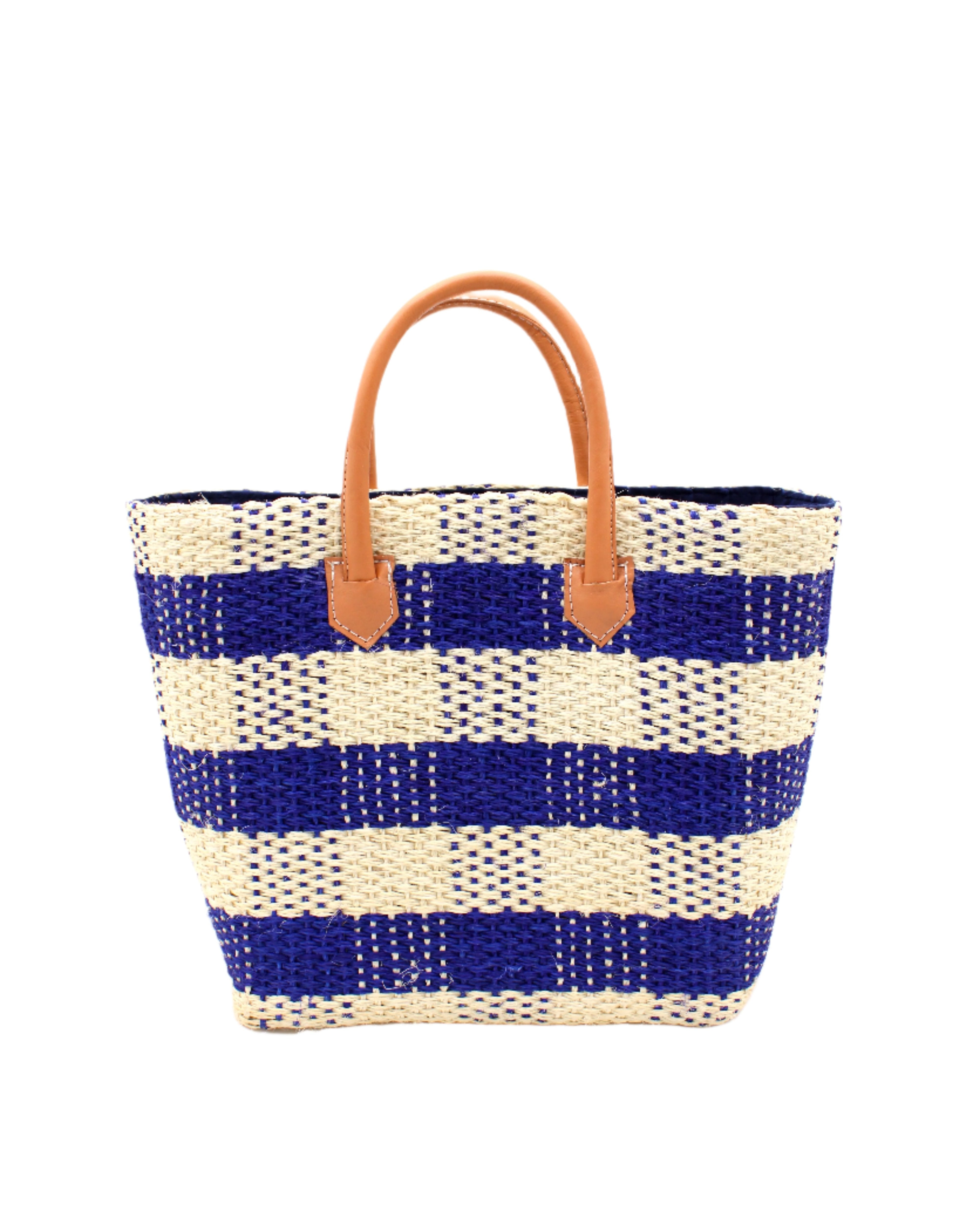 Newport Navy Gingham Sisal Basket Bag handmade woven natural sisal fibers in a two tone color plaid pattern of navy dark blue and natural straw color handbag with leather handles purse beach bag - Shebobo