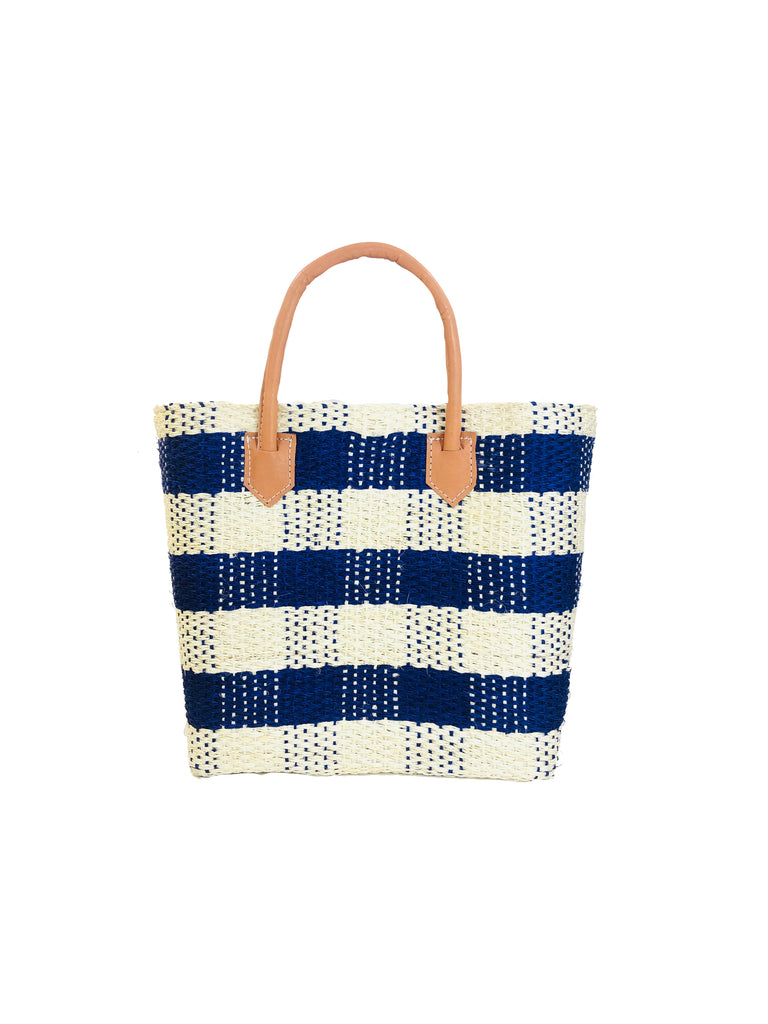 Newport Navy Gingham Sisal Basket Bag handmade woven navy blue and natural straw color gingham plaid pattern handbag with leather handles - Shebobo