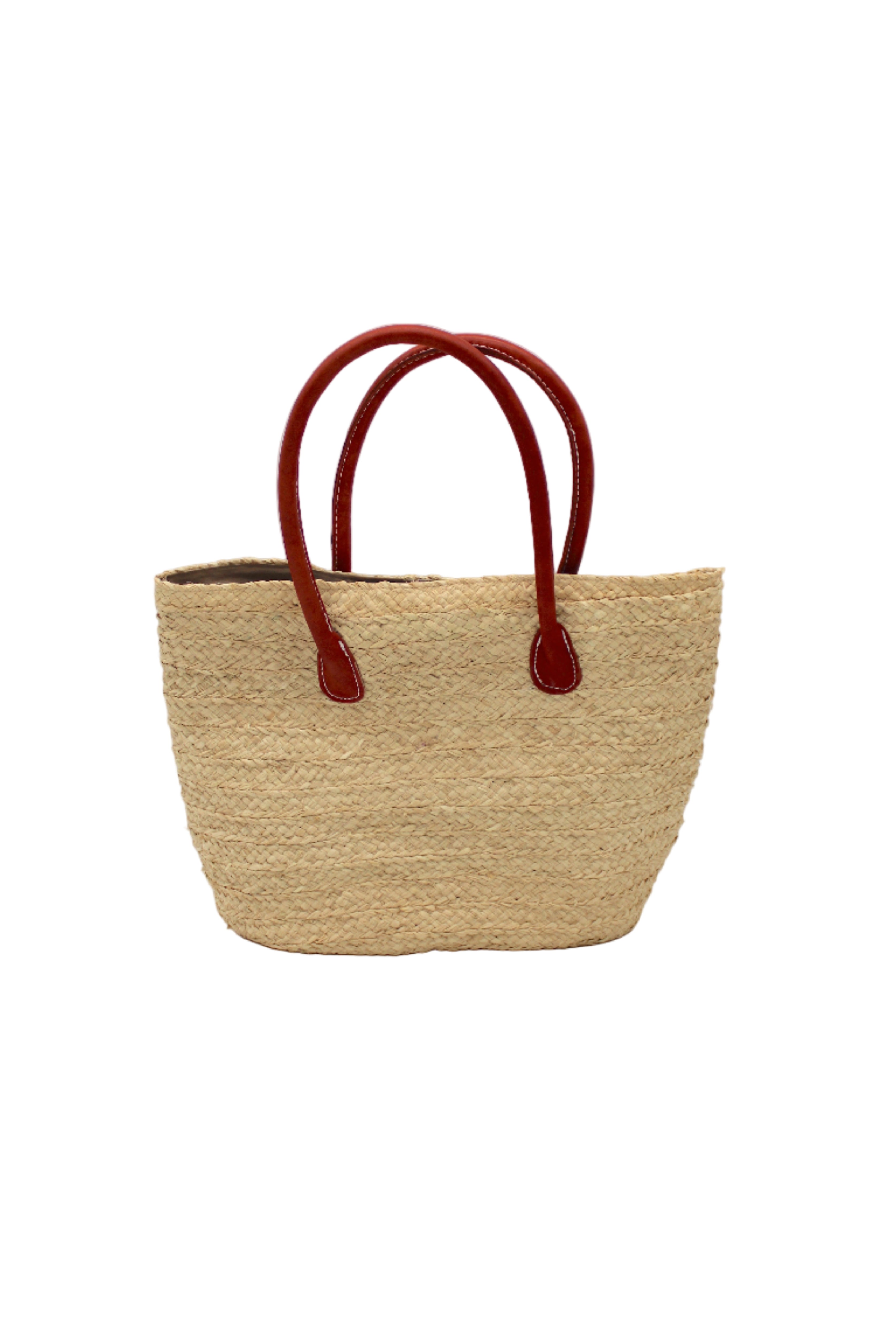 Nomena Braided Straw Basket Handbag handmade braided natural raffia palm fiber in a solid hue of natural straw color woven into concentric horizontal bands of subtle texture spiraling around the bag with leather handles beach bag shoulder bag purse - Shebobo