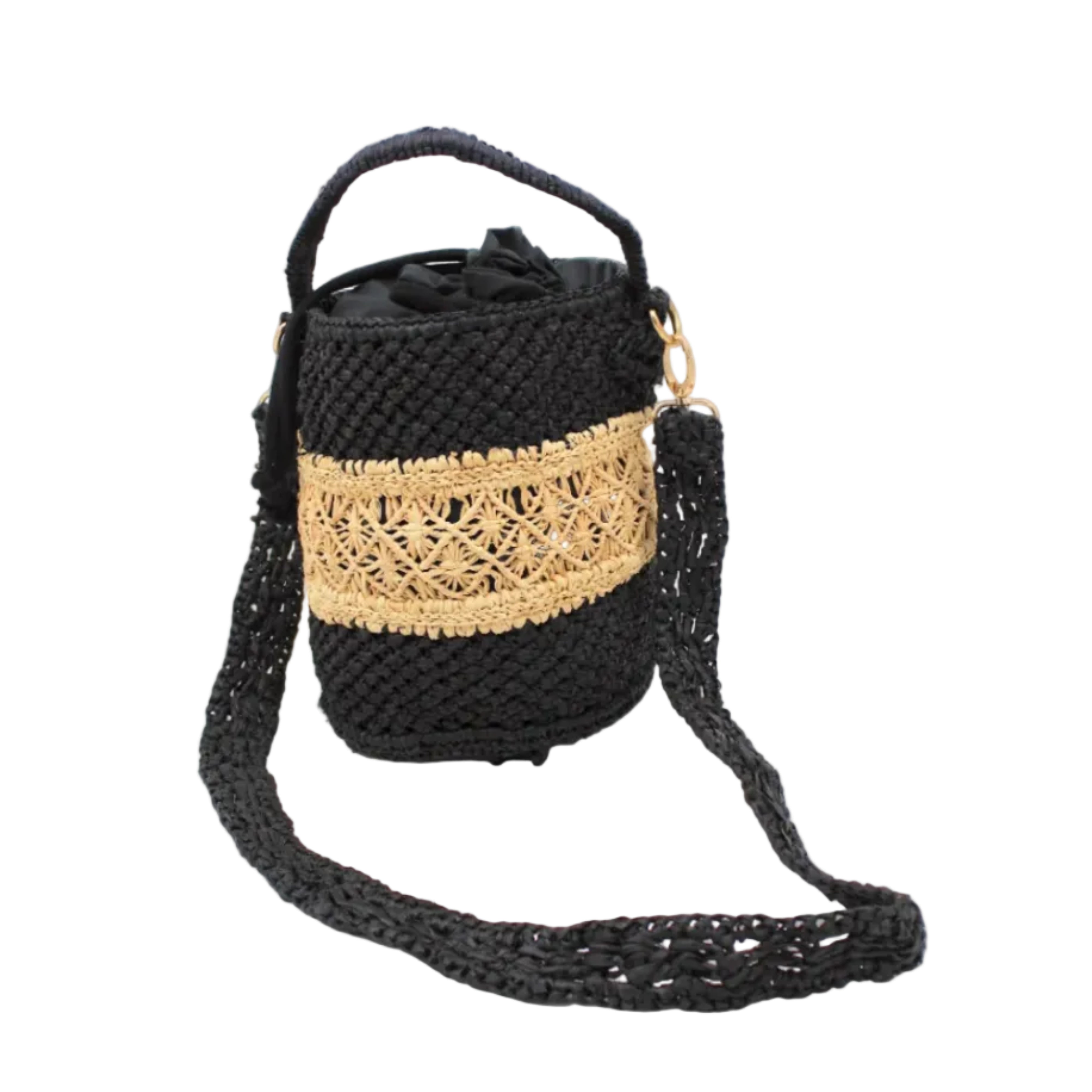 Paloma Macrame Diamond & Crochet Straw Bucket Handbag Convertible Crossbody Bag handmade natural raffia palm fiber macrame and crochet in a two tone multicolor of a diamond pattern horizontal band in the center of natural straw color centered with black around the bottom and top of the round bottomed bag in a subtle link crochet texture with detachable shoulder strap - Shebobo