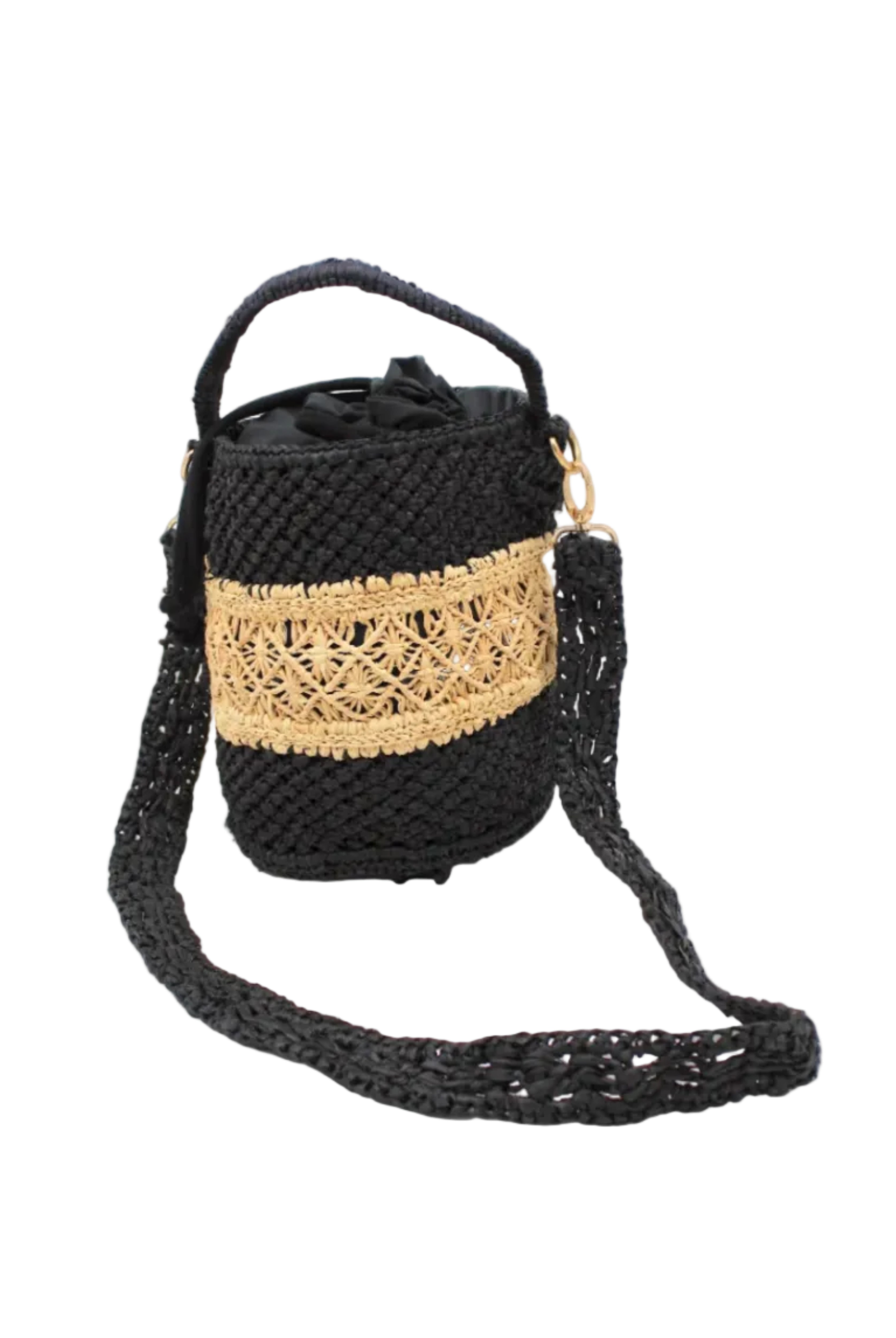 Paloma Macrame Diamond & Crochet Straw Bucket Handbag Convertible Crossbody Bag handmade natural raffia palm fiber macrame and crochet in a two tone multicolor of a diamond pattern horizontal band in the center of natural straw color centered with black around the bottom and top of the round bottomed bag in a subtle link crochet texture with detachable shoulder strap - Shebobo