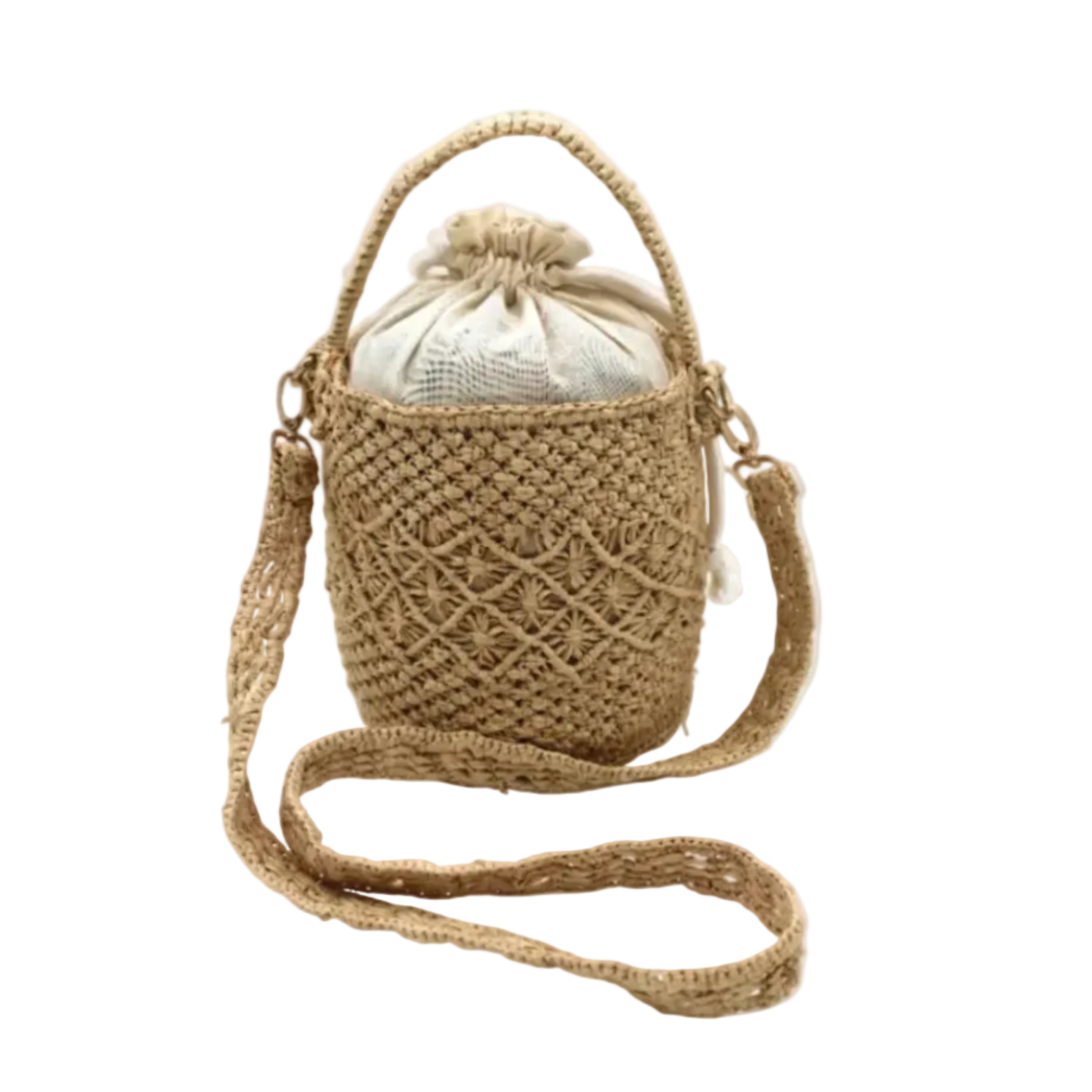 Paloma Macrame Diamond & Crochet Straw Bucket Handbag Convertible Crossbody Bag handmade natural raffia palm fiber macrame and crochet in a solid hue of natural straw color round bottomed bag with three even horizontal bands of texture the top and bottom subtle link pattern and the center geometric diagonal starburst or flower in diamond pattern with detachable shoulder strap - Shebobo