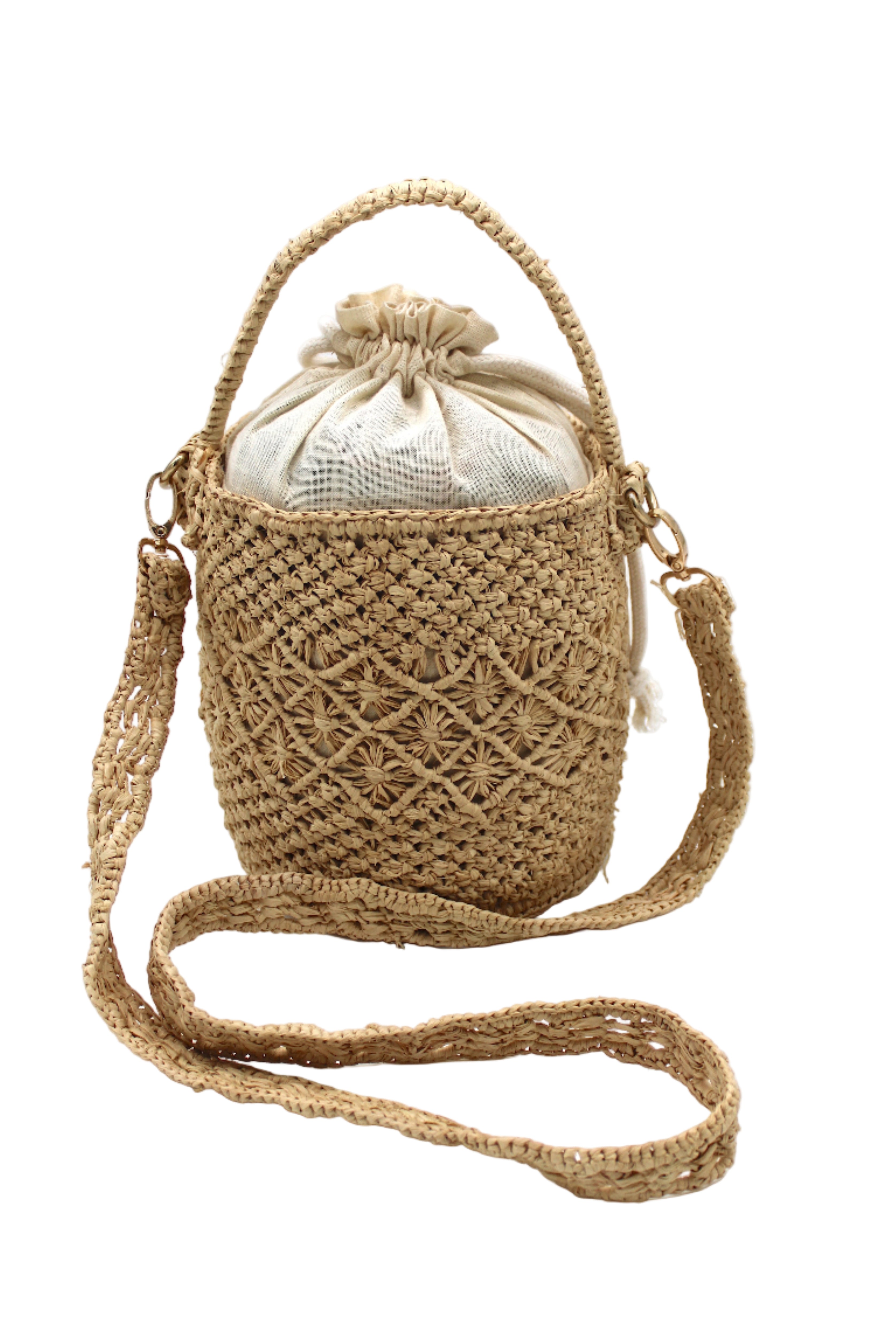 Paloma Macrame Diamond & Crochet Straw Bucket Handbag Convertible Crossbody Bag handmade natural raffia palm fiber macrame and crochet in a solid hue of natural straw color round bottomed bag with three even horizontal bands of texture the top and bottom subtle link pattern and the center geometric diagonal starburst or flower in diamond pattern with detachable shoulder strap - Shebobo