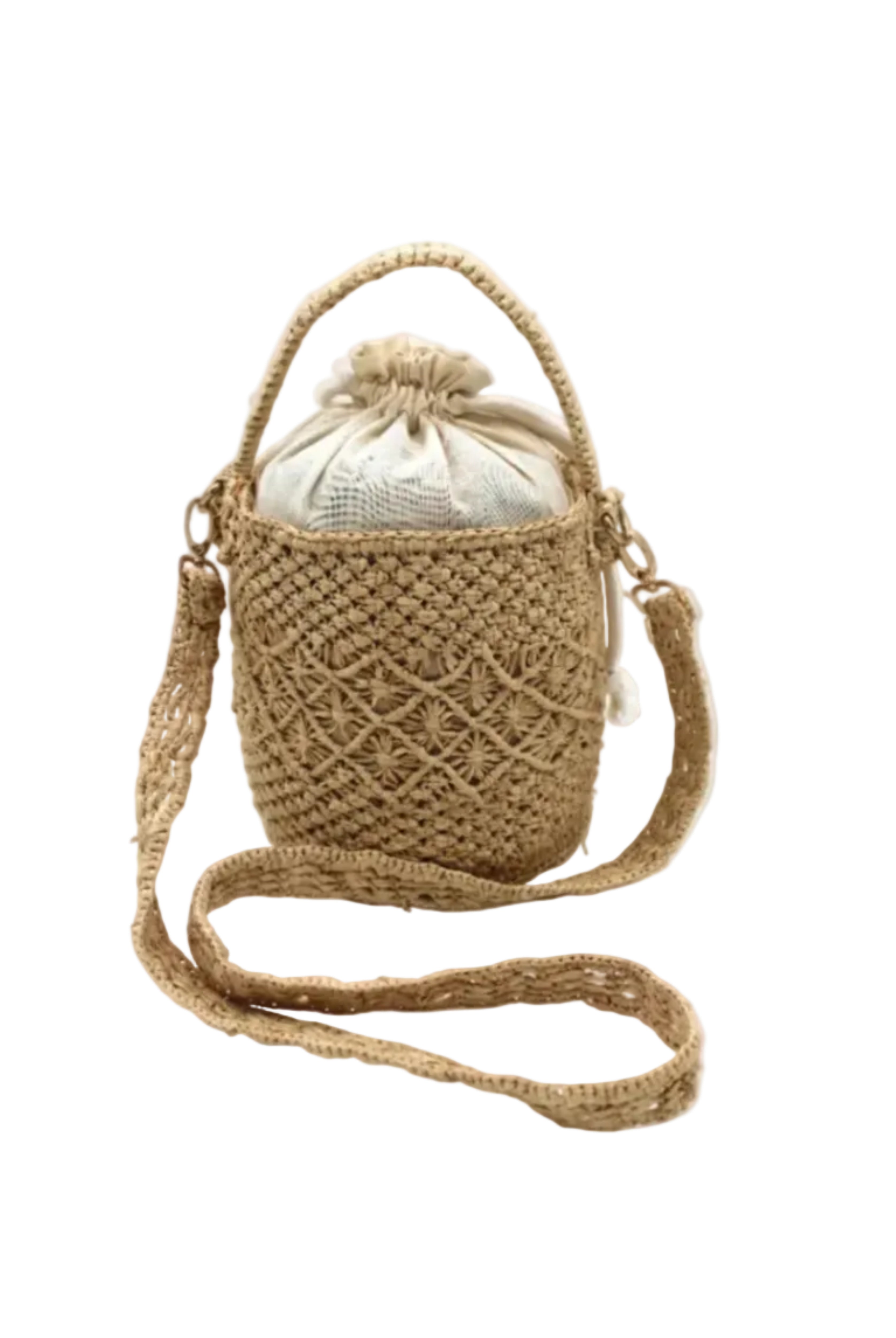 Paloma Macrame Diamond & Crochet Straw Bucket Handbag Convertible Crossbody Bag handmade natural raffia palm fiber macrame and crochet in a solid hue of natural straw color round bottomed bag with three even horizontal bands of texture the top and bottom subtle link pattern and the center geometric diagonal starburst or flower in diamond pattern with detachable shoulder strap - Shebobo