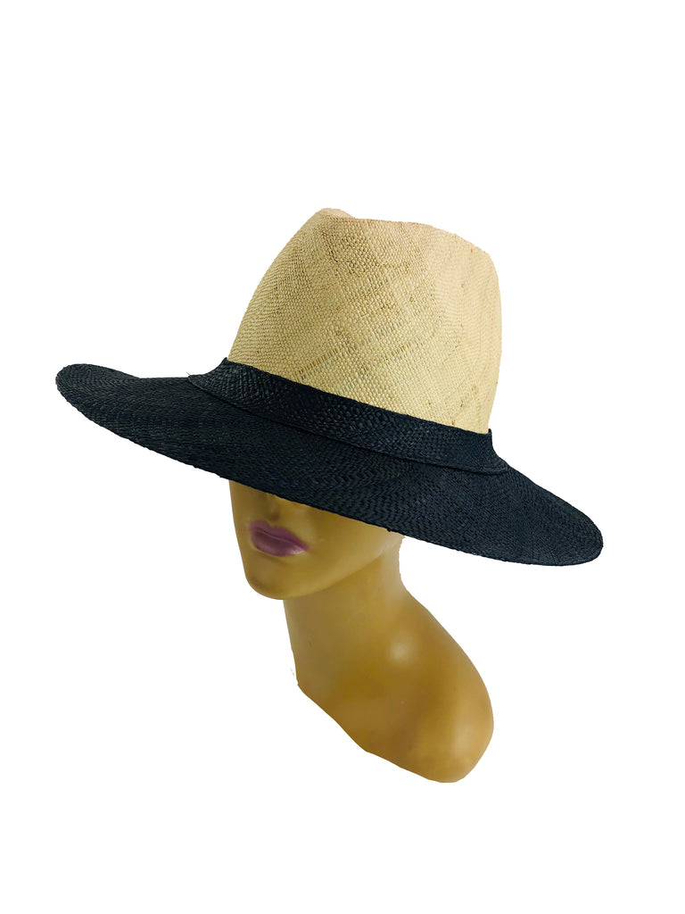 Panama two tone natural and black colorblock unisex straw hat black brim and hatband with a natural raffia top sun hat - Shebobo