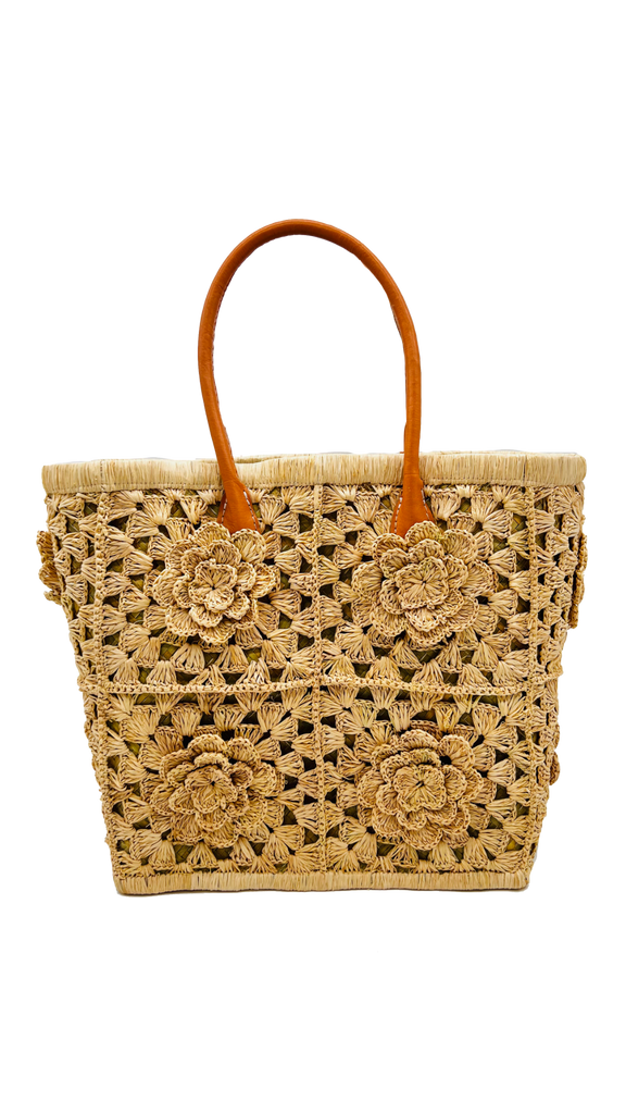 Petite Flower Crochet Straw Basket handmade crochet natural raffia palm fiber in a sweet pattern of granny square type pattern with petal and raised flower detailing and leather handles - Shebobo