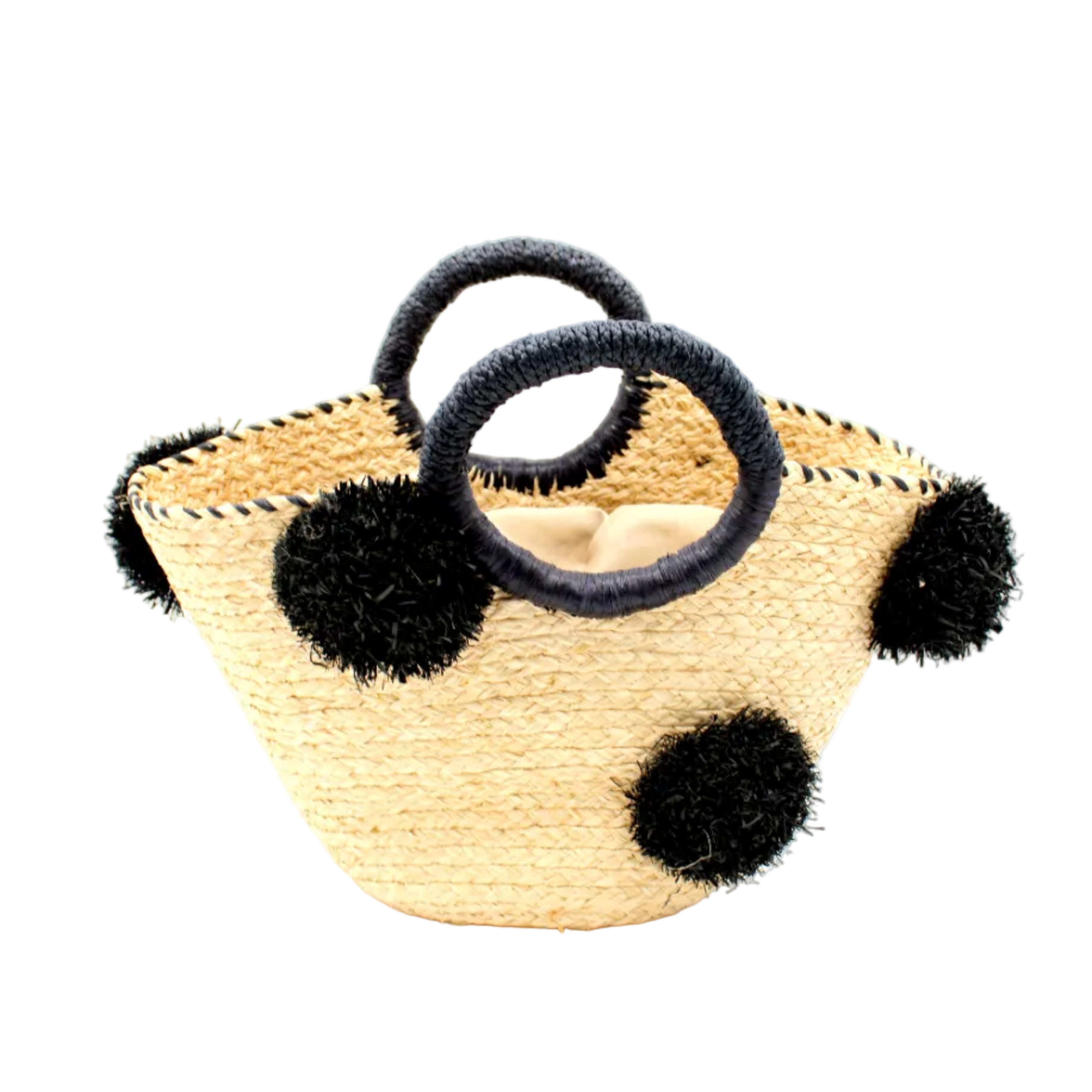 Phi Phi Black and Natural Braided Straw Basket with Oversized Raffia Poufs handmade raffia palm fiber braided into a solid hue of natural straw color with three randomly placed black hand-brushed fringe poufs per side for embellishment with matching loop wrap top edging and matching crochet loop/braided handles bag handbag - Shebobo